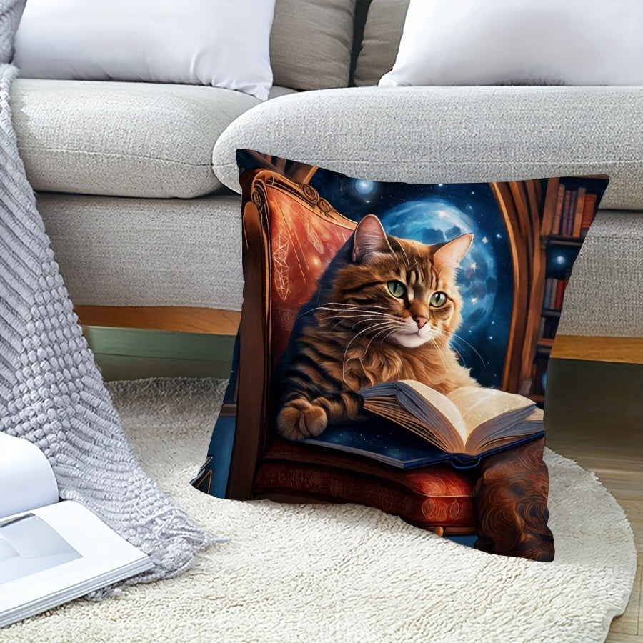 Cat Themed Velvet Pillow Cover 17.7 Inch Square Zipper Closure Machine Washable