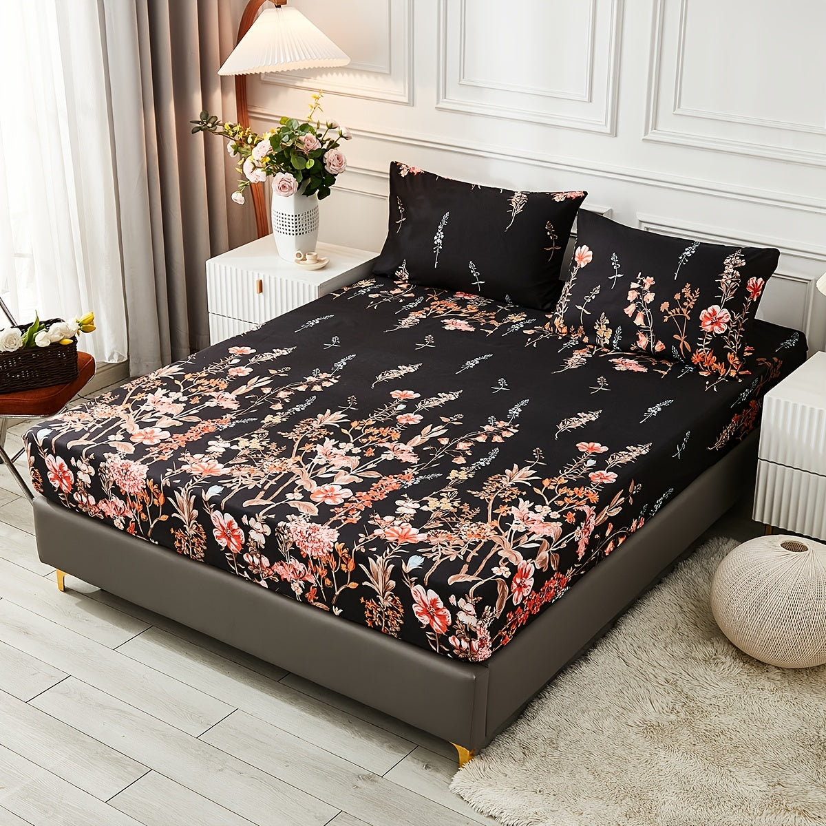 Flower Print Bedding Set Fitted Sheet and Pillowcase Set Soft Cozy Bedroom Guest Room