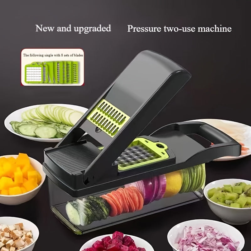 16-in-1 Sabzavotlarni maydalash va bo‘laklash uchun 8 ta pichoq bilan shaffof konteyner Qo‘lda oshxona asbobi