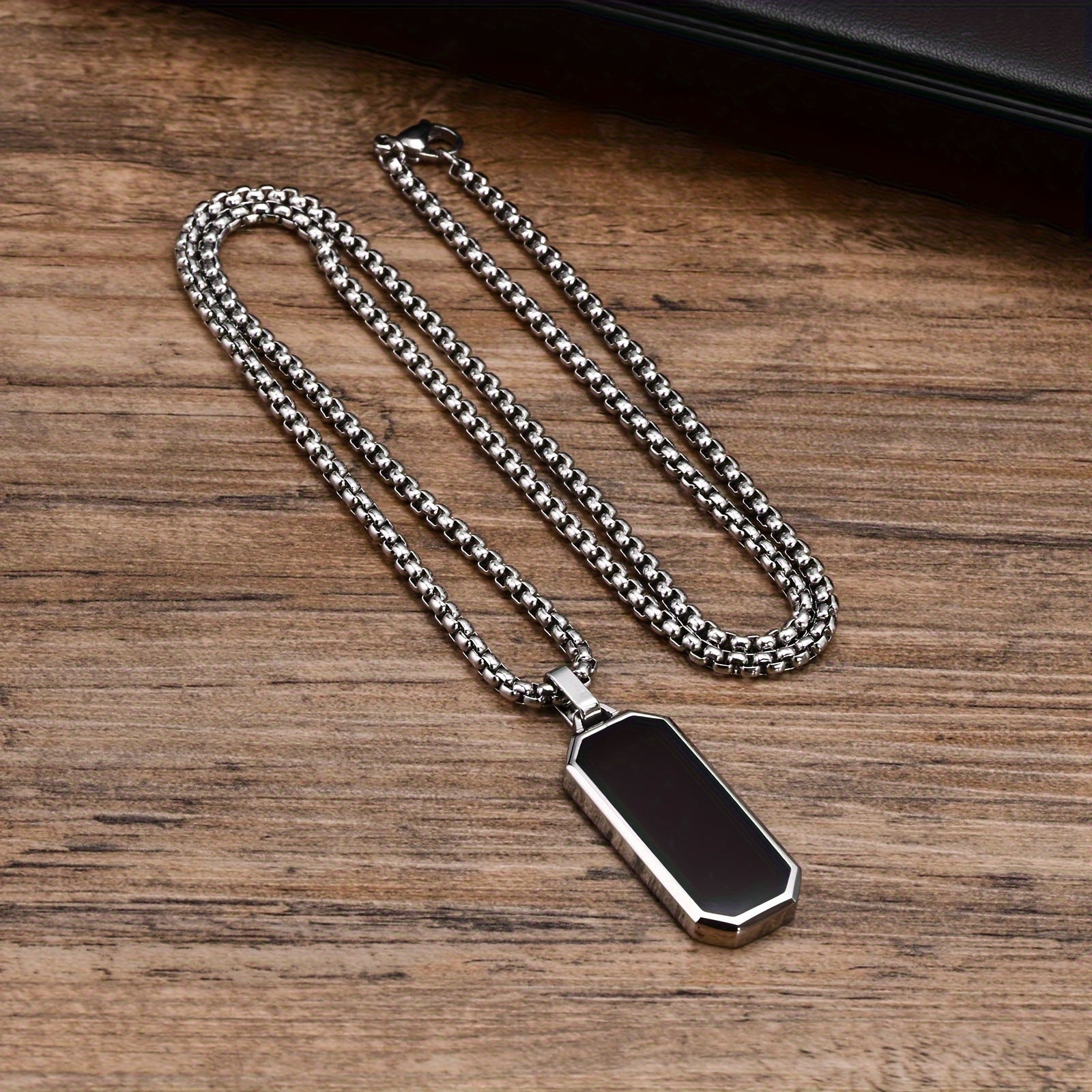 Men's Stainless Steel Necklace with Black Enamel Geometric Pendant