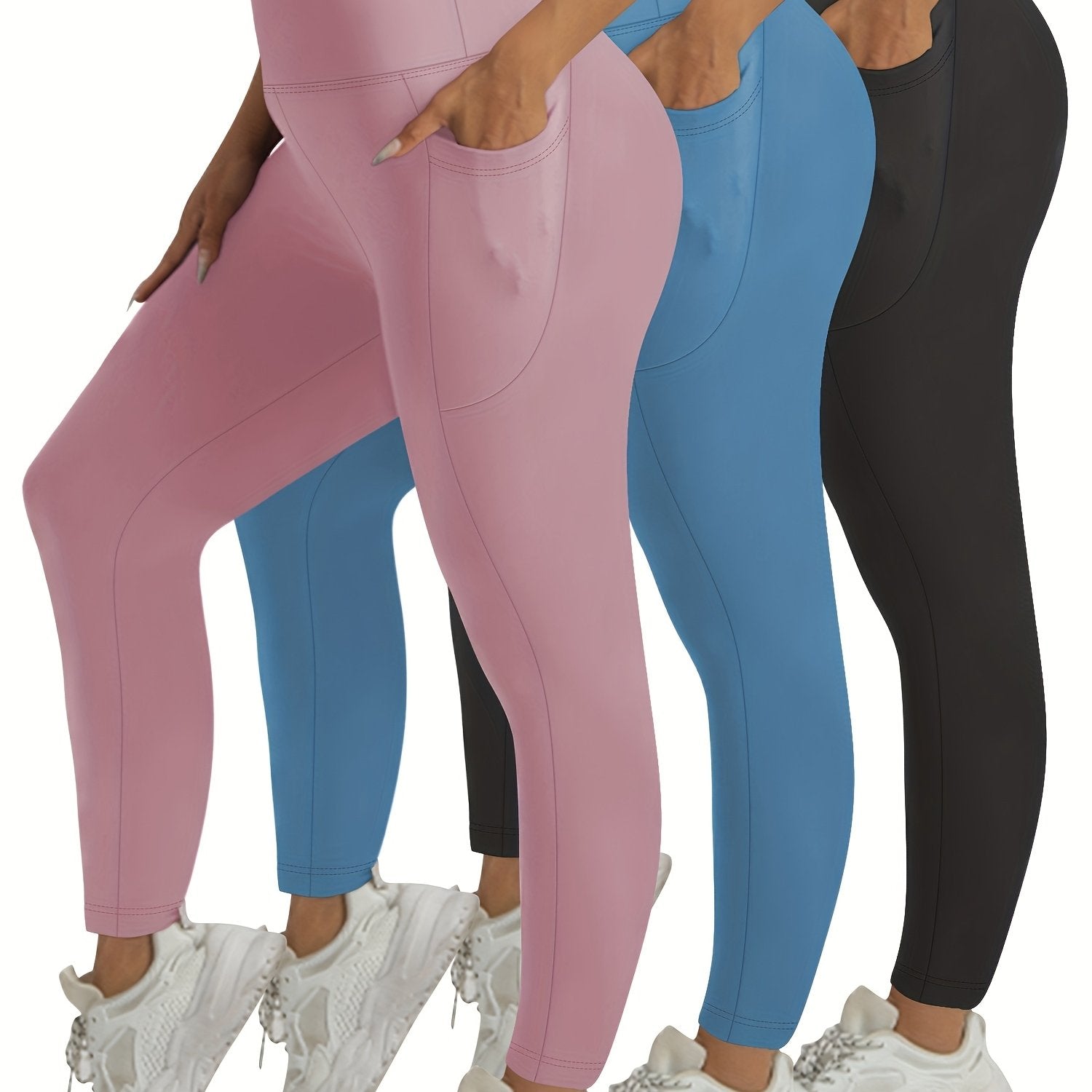 Women's High-Waisted Stretchy Leggings Set with Moon Pocket Navy Red Black