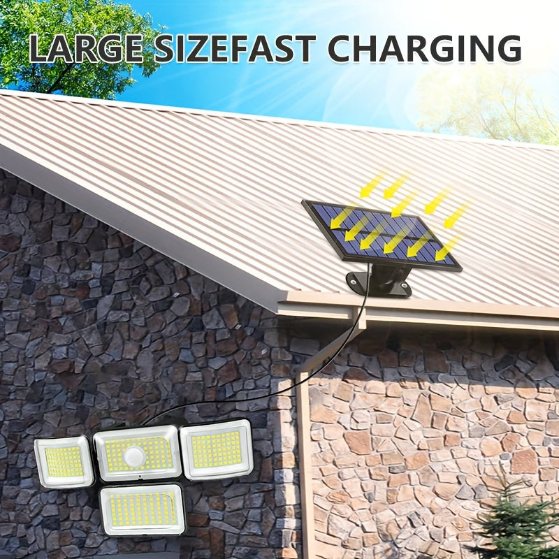 Solar-Powered Motion Sensor Light with Remote Control 288 LED 4-Head Security Floodlight 300° Wide Angle for Garden Yard Pathway Garage Street