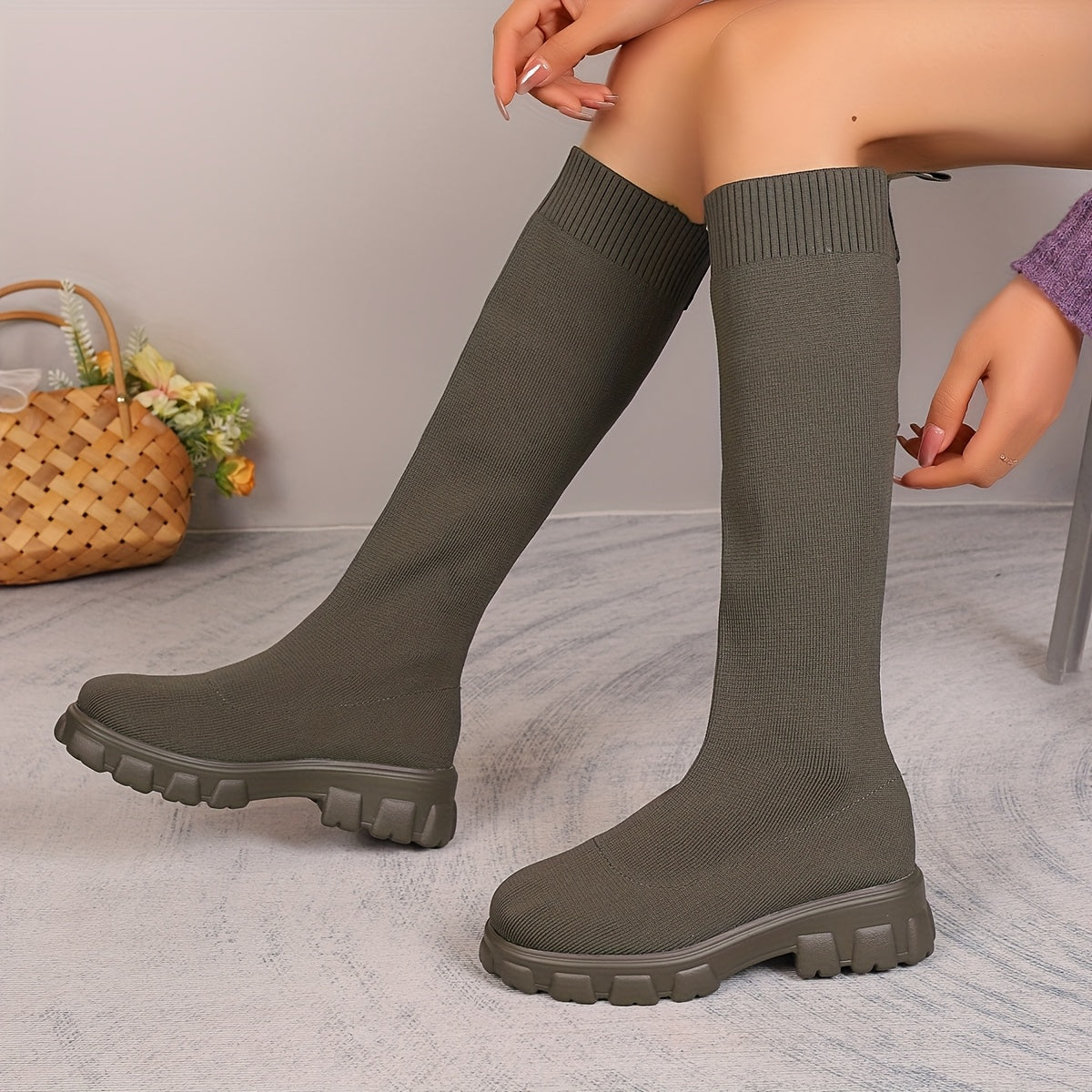 Women's Knee-High Sock Sneakers Black Platform Boots Breathable Fabric