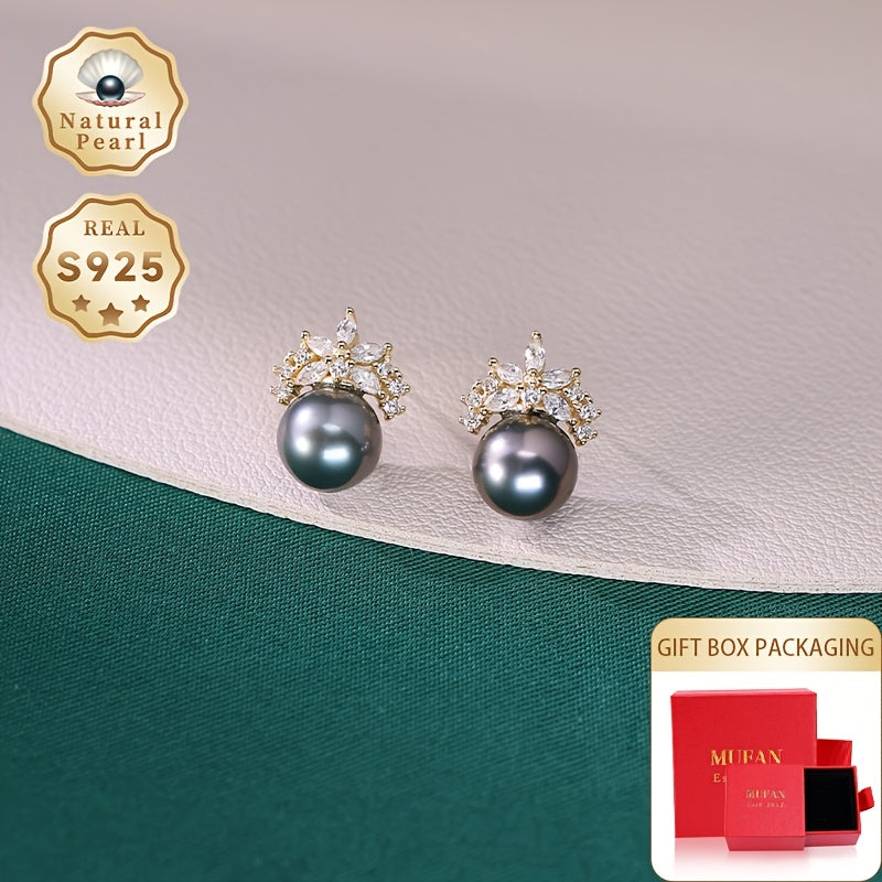 Sterling Silver Pearl Earrings 8-9mm Black Round Natural Deep Sea Jewelry for Women