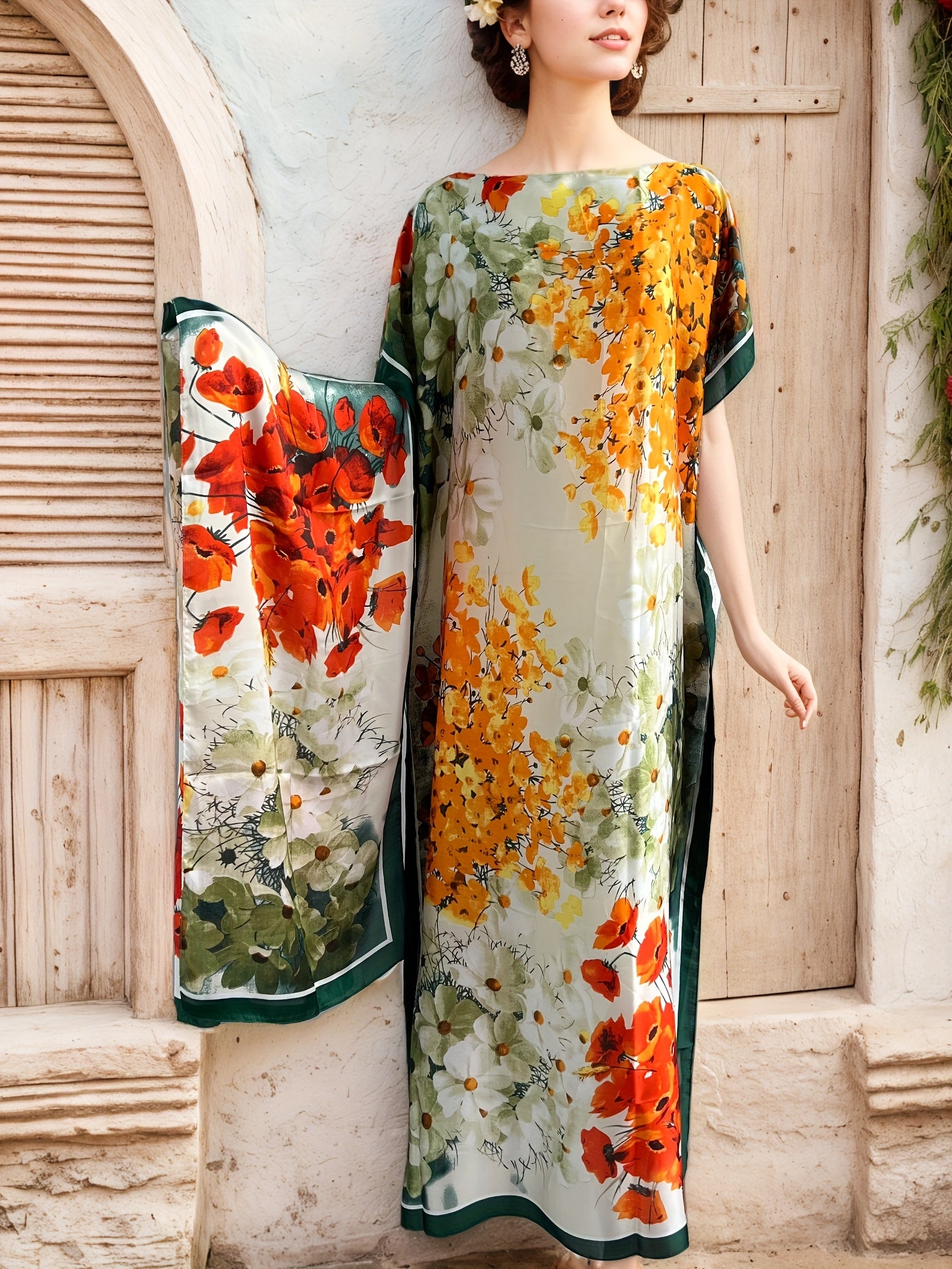 Плюс сайз женское платье-кимоно с цветочным принтом из полиэстера и шарфом, рукава баттерфляй