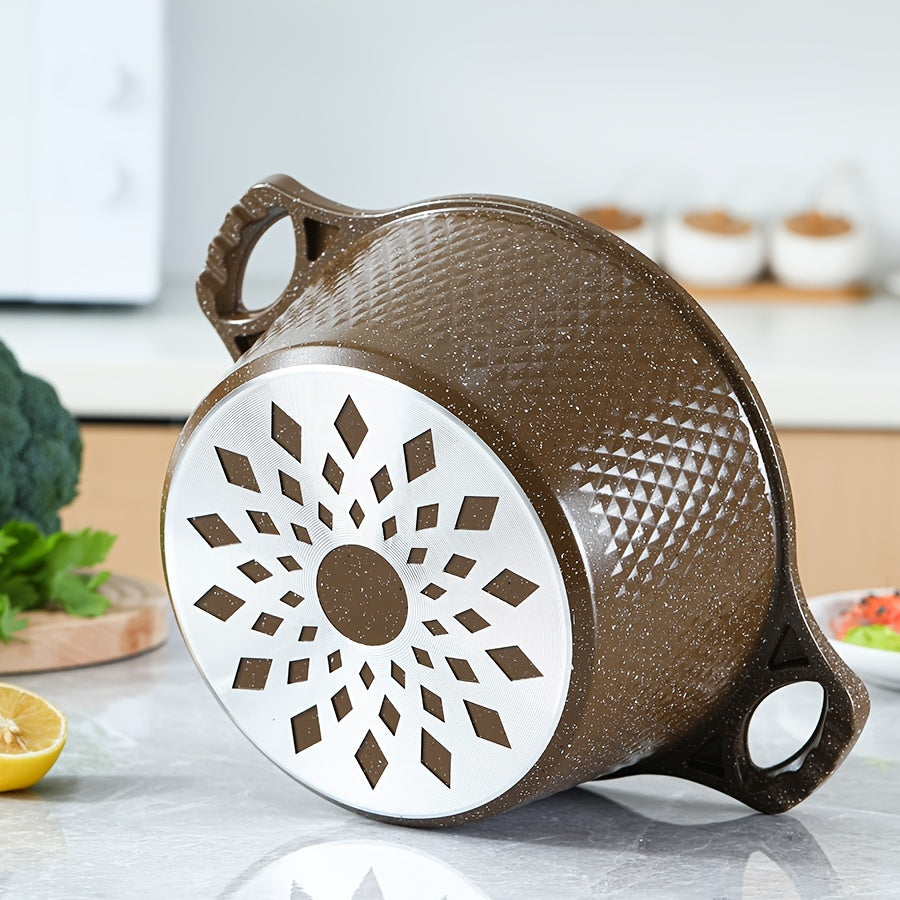 Ko'p funksiyali oshxona anjomlari to'plami, ichida sho'rva qozoni, yopishqoq bo'lmagan qovurish panasi, qaynatish qozoni va qovurish panasi mavjud, zamonaviy qahva rangida, ochiq olov yoki gaz pechlarida ishlatish uchun mos.