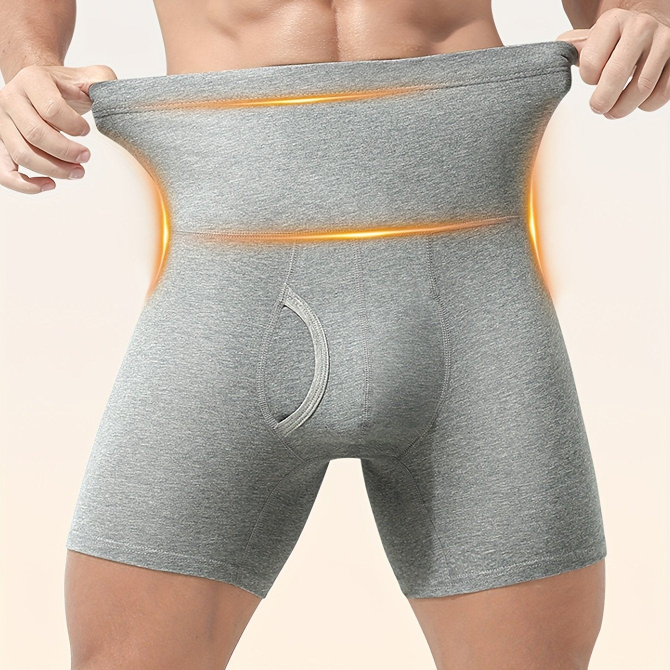 Men's High-Waisted Long Boxer Briefs Breathable Cotton with Front Opening Extended Leg in Black Gray Blue