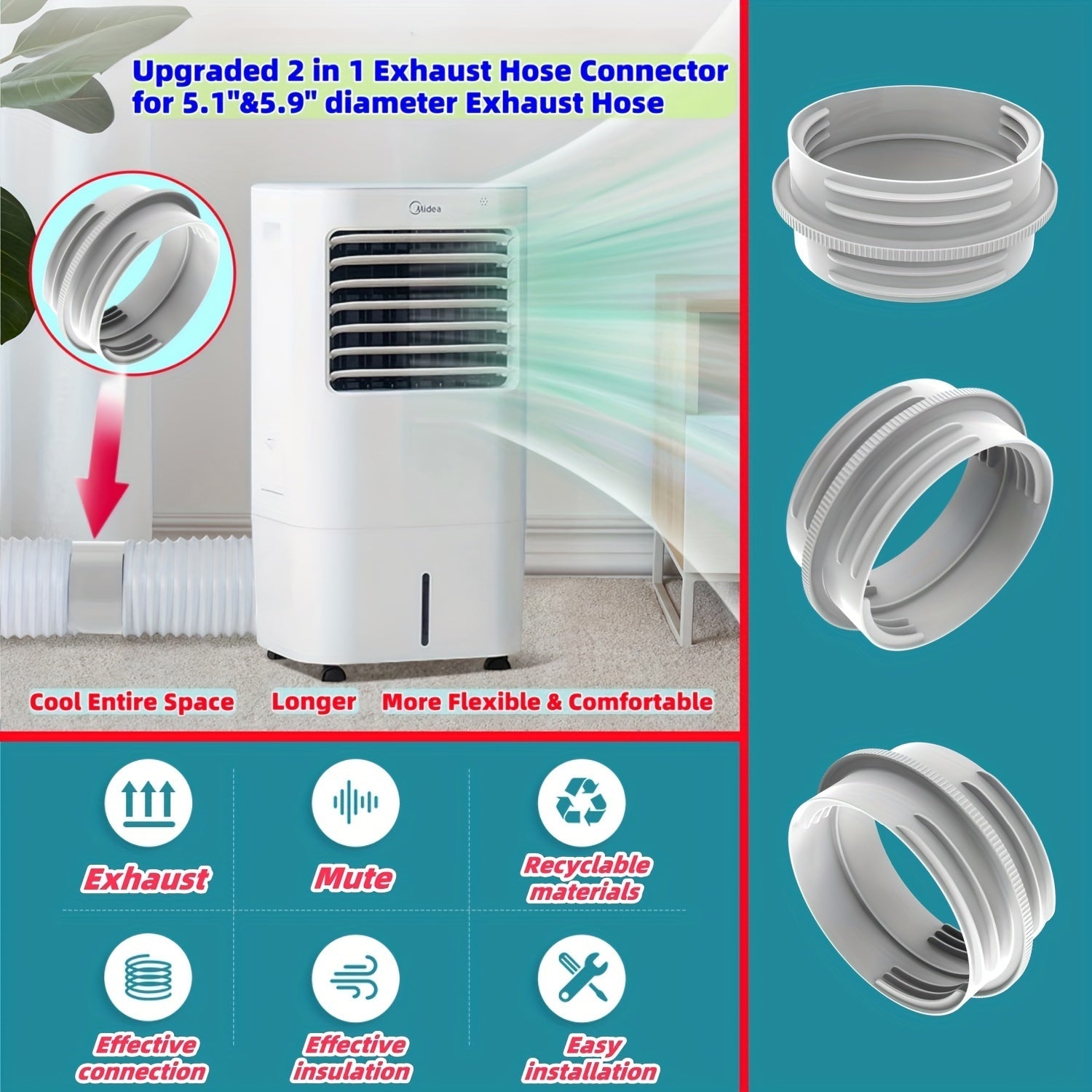 Portable Air Conditioner Hose Connector Fits 12.95cm & 15.24cm No Electricity Needed