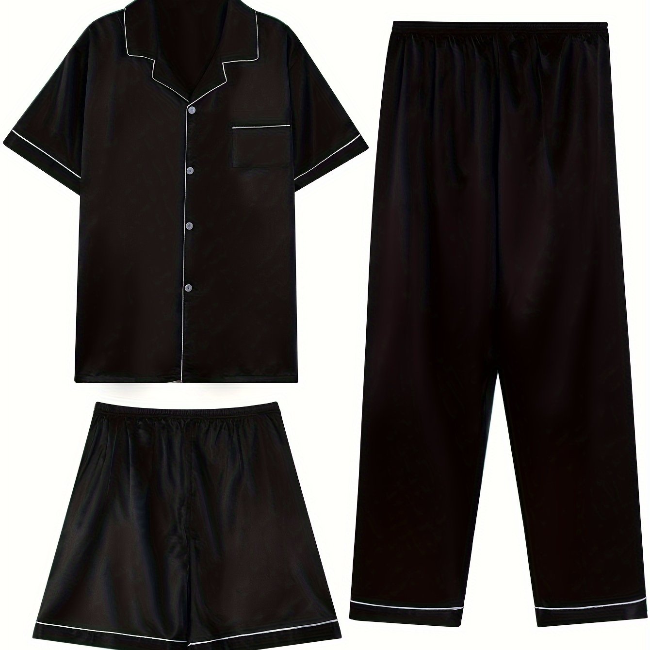 3 ta erkaklar uchun yengli, shortli va engil uzun shimli uyqu kiyimlari. Oddiy va norasmiy yozgi kiyim uchun ideal, bir rangda va kardigan yaka bilan.