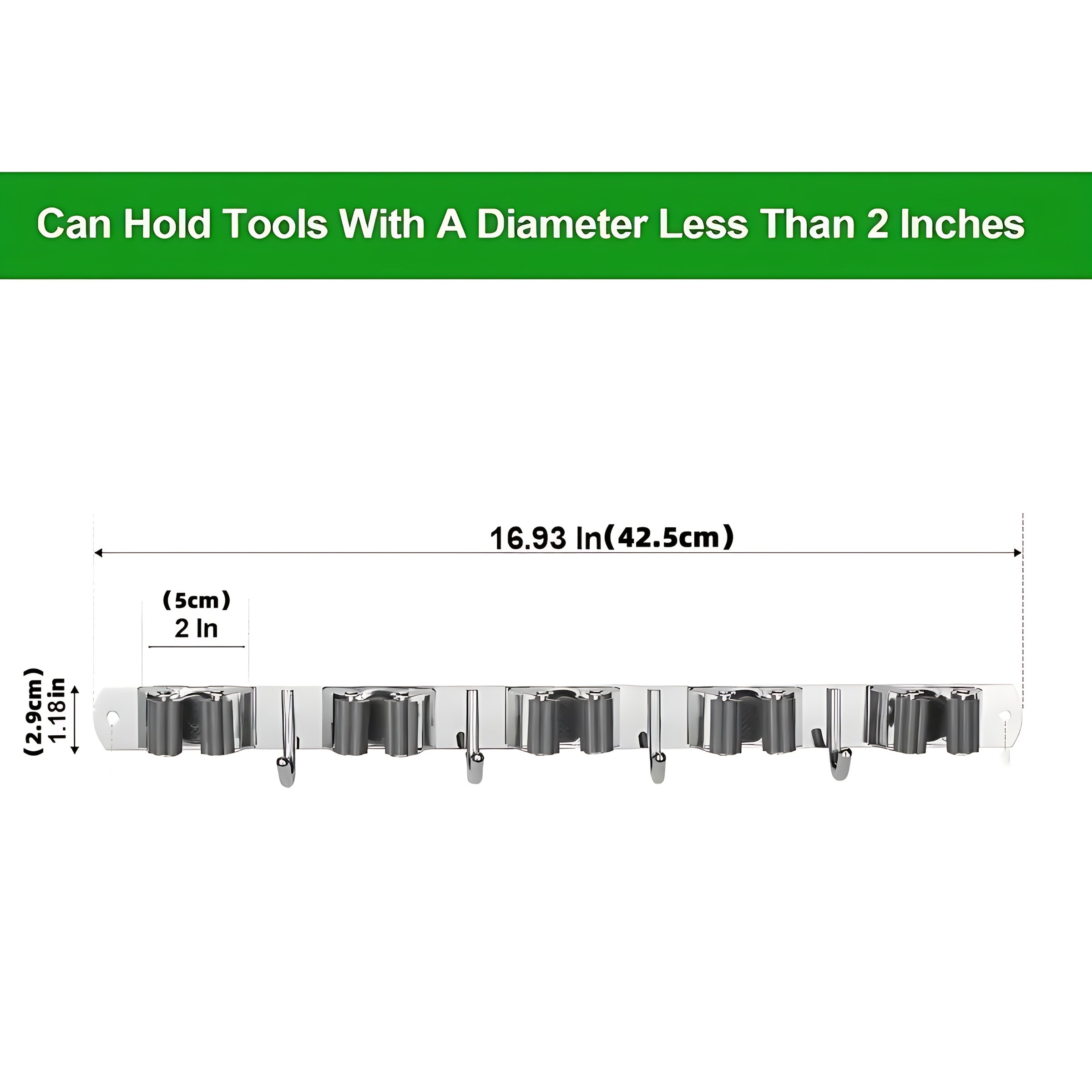 Wall-Mounted Mop and Broom Rack with 5 Clips 4 Hooks Stainless Steel