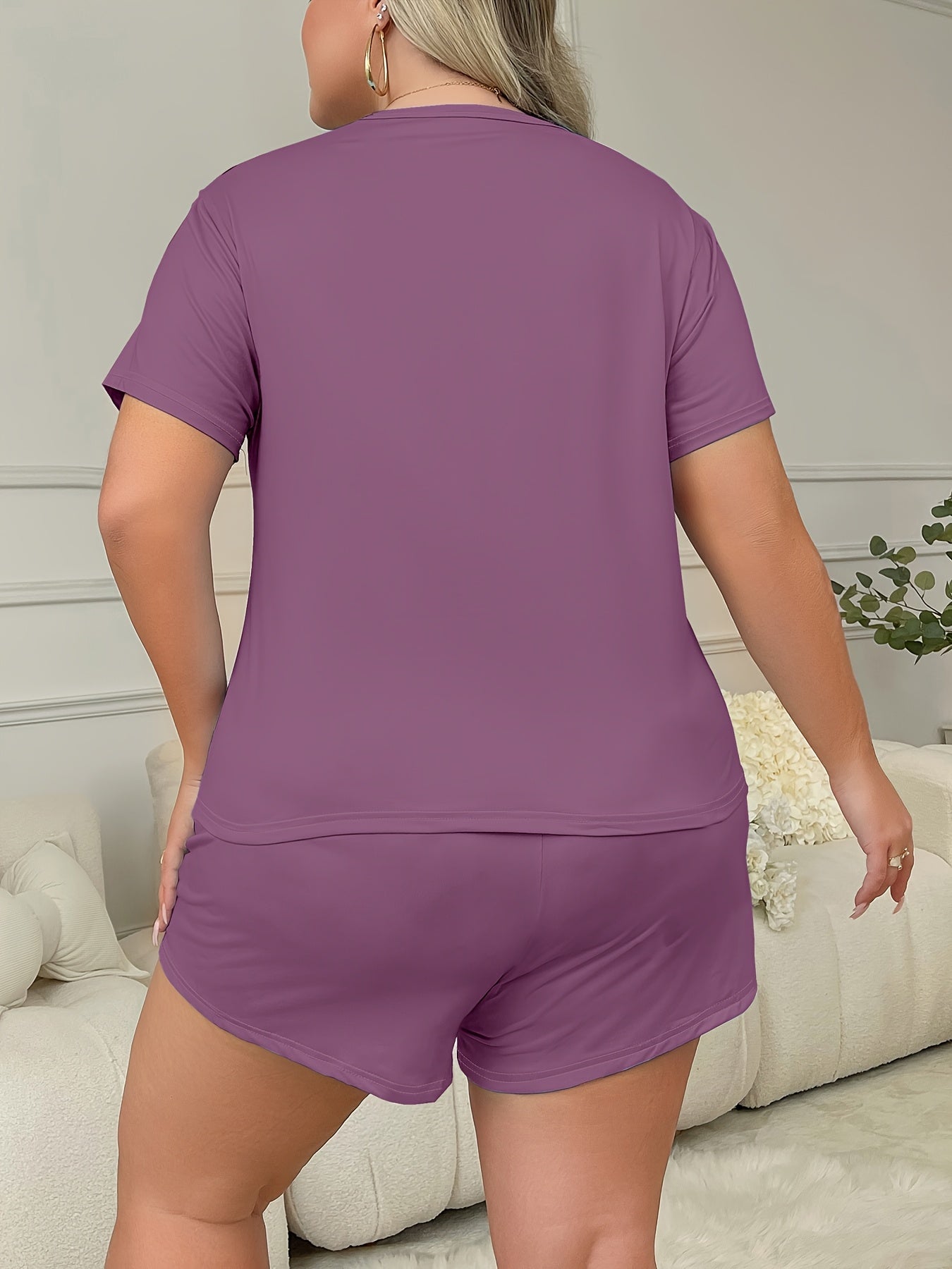 Plus Size Women's Loungewear Set Casual Slogan Print Short Sleeve Top and Elastic Shorts