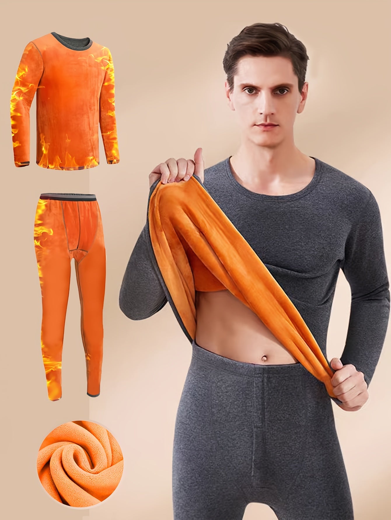 Men's Winter Thermal Underwear Set Fleece Long Sleeve Top and Pants for Middle-Aged to Elderly