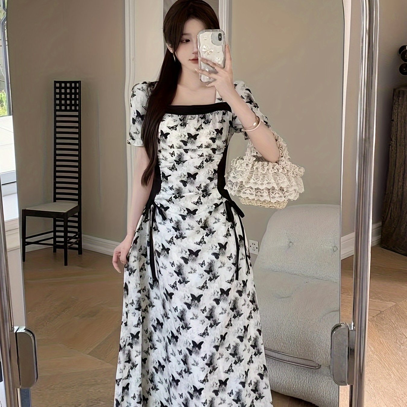 Платье A-line с квадратным вырезом и принтом бабочек, короткий рукав, длина до щиколотки, идеально подходит для весны и лета, женская одежда.