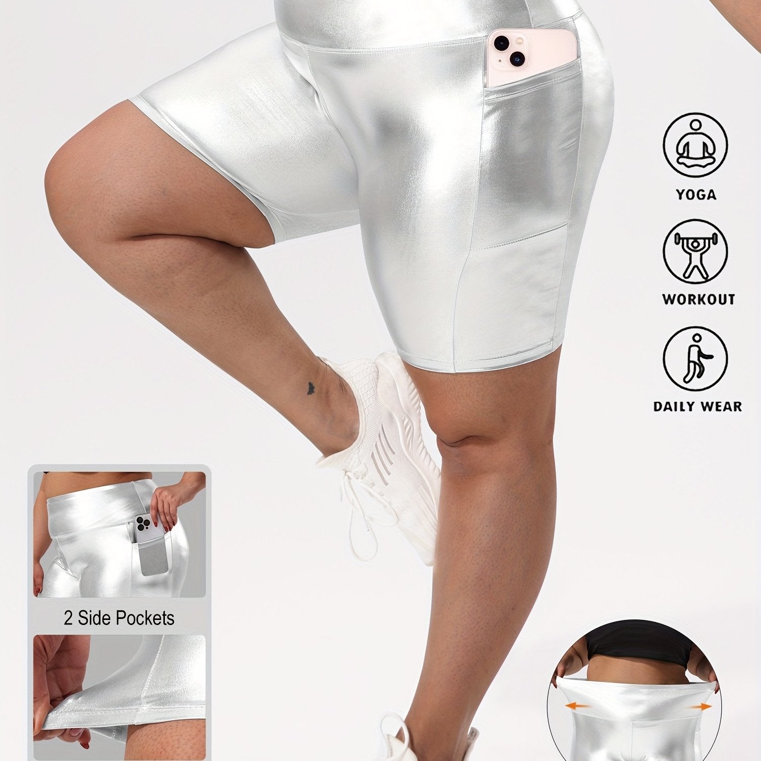 Women Plus Size High-Waist Gold Shorts with Pockets Casual Elastic Spring Summer