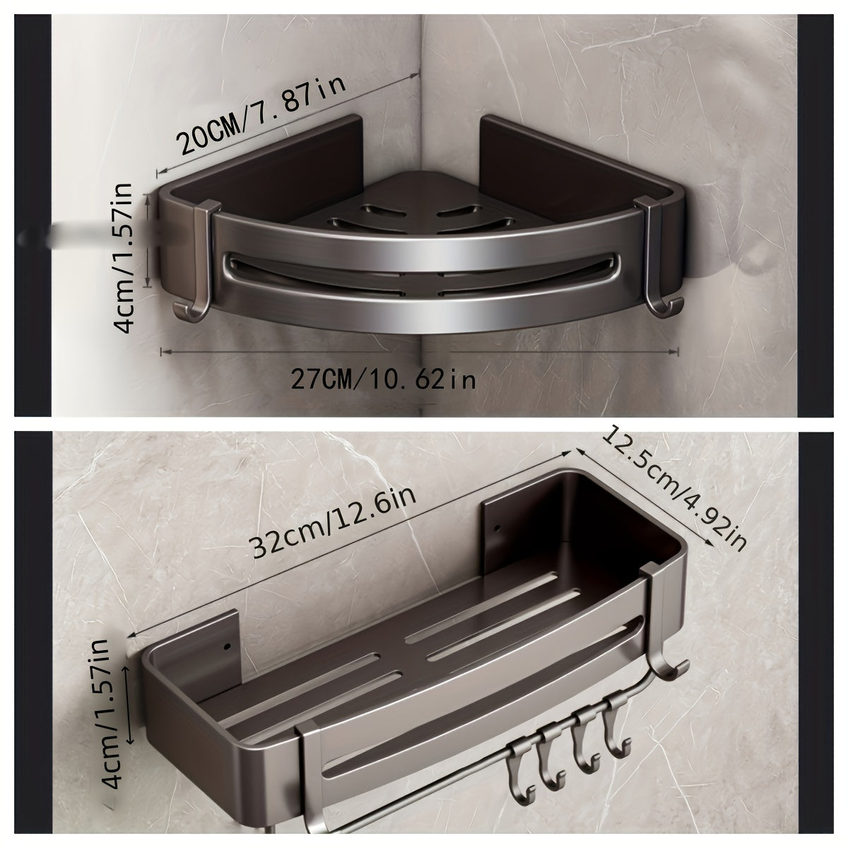 Wall-Mounted Bathroom Storage Rack Aluminum No-Drill Shower Shelf for Shampoo and Cosmetics