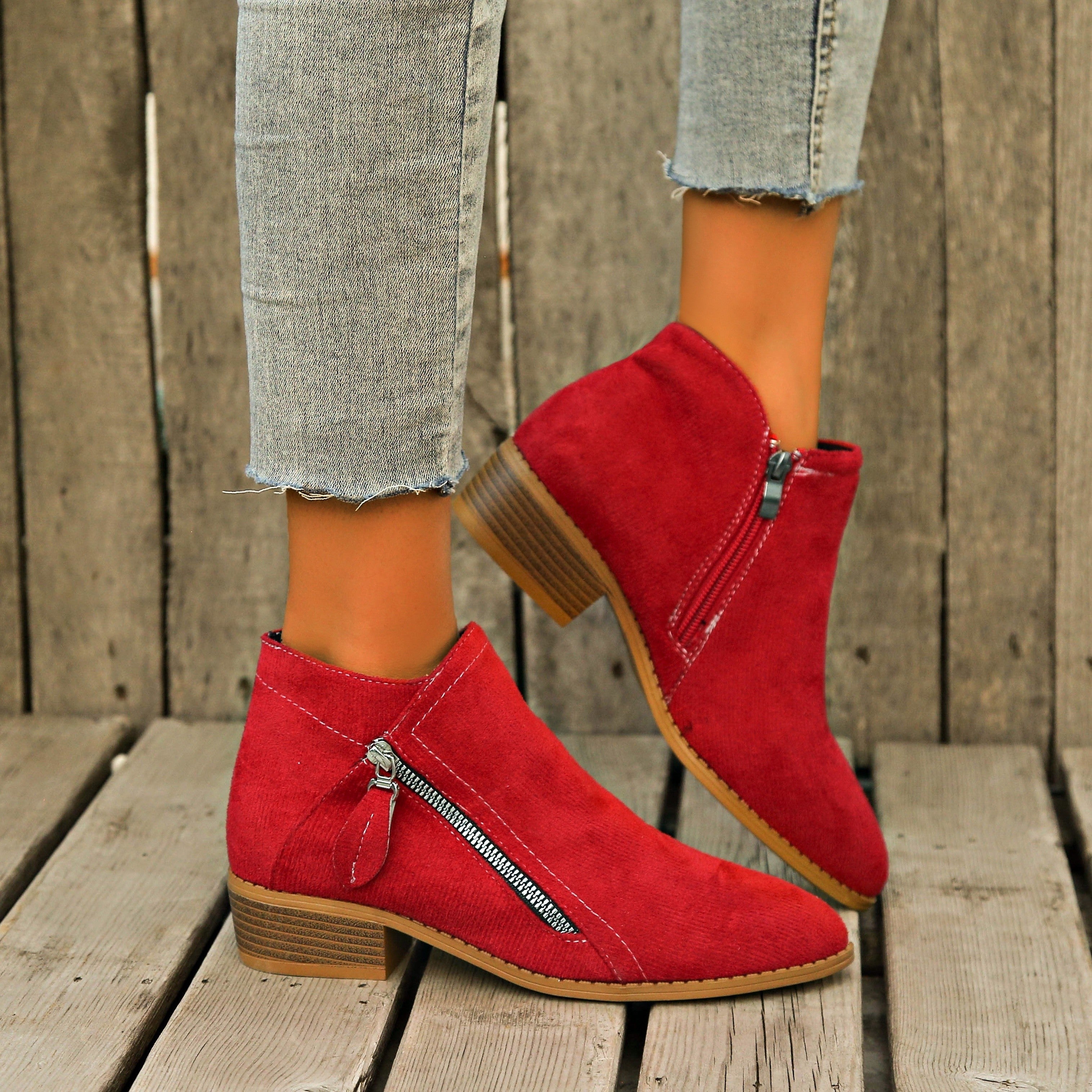 Women's Ankle Boots Retro Solid Color Casual Leather Footwear with Chunky Heel