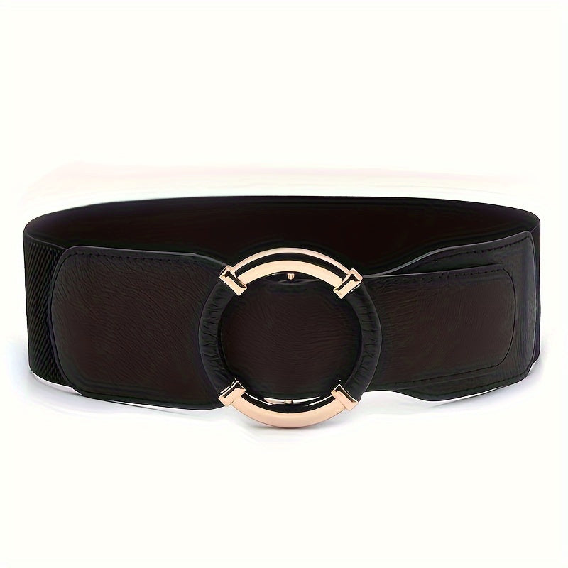 Women's Casual Elastic Waist Dress Coat with Wide Belt and Round Buckle in Solid Color