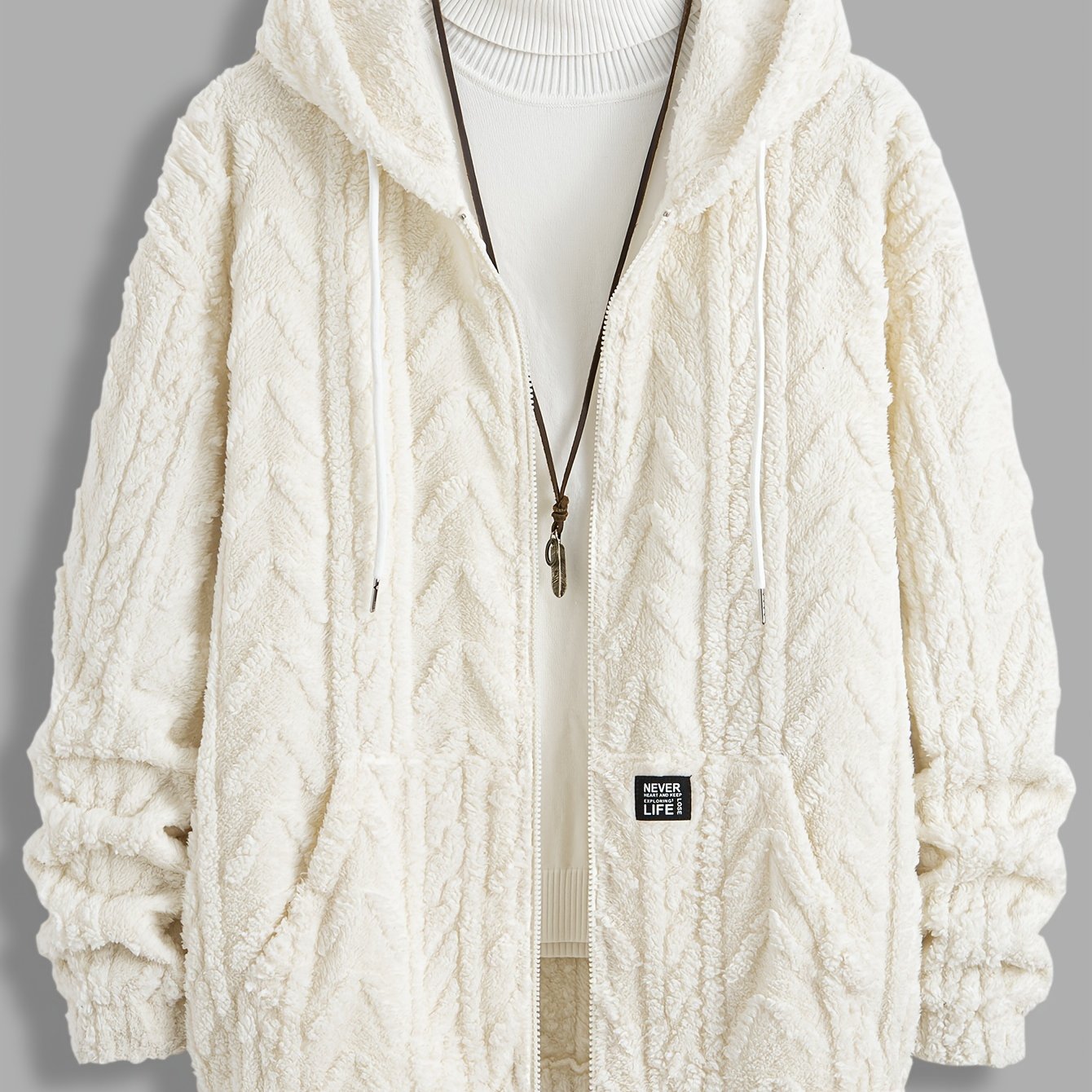 Men's Plush Jacquard Hoodie with Tassel Detail and Contrast Drawstring for Casual Winter Wear