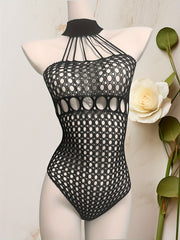 Women's Sleeveless Bodysuit with Halter Neck High Support Stretchy Nylon Spandex Mesh
