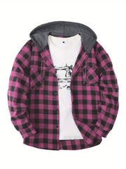Men's Plaid Polyester Hooded Button-Up Jacket for Casual Sports Style