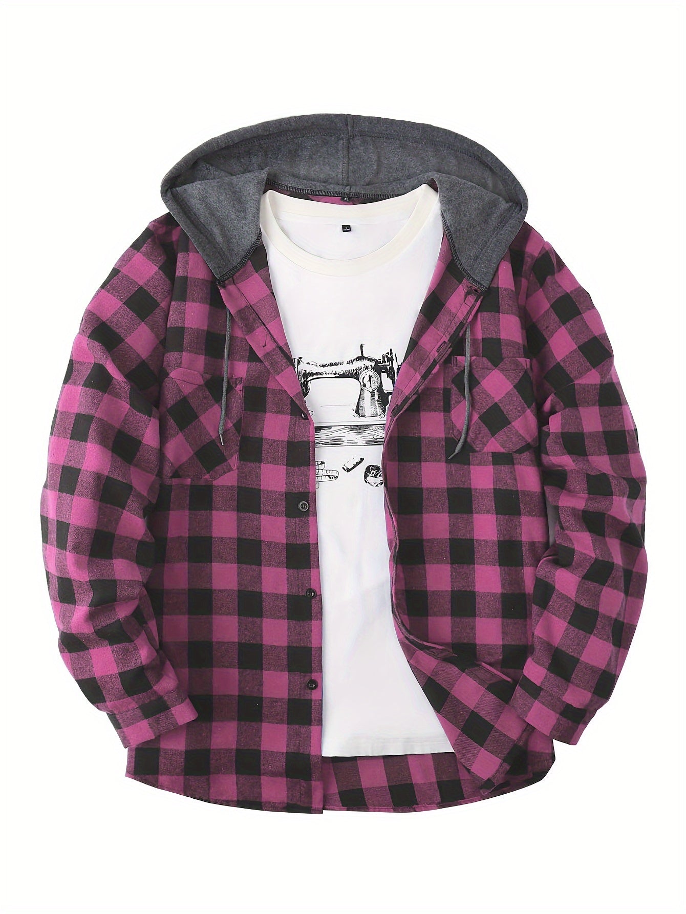 Men's Plaid Polyester Hooded Button-Up Jacket for Casual Sports Style
