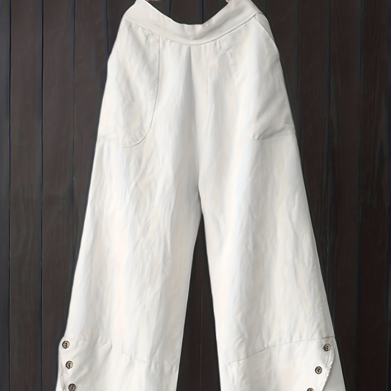 Women's Green High-Waist Wide Leg Pants with Button Details Pleated Fall Casual