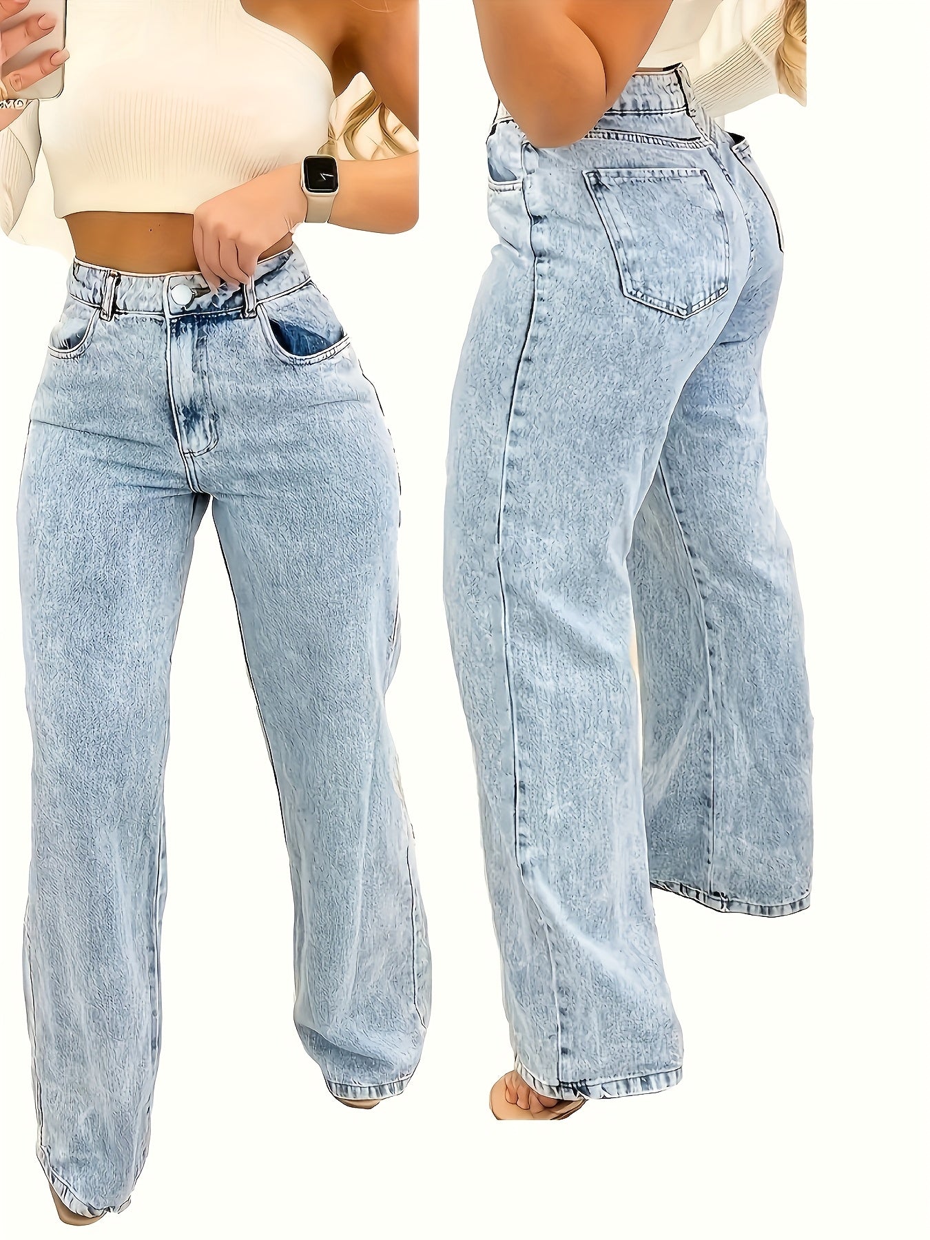 Jeans rectos de cintura alta con estampado de copo de nieve y alta elasticidad para mujer, talla grande