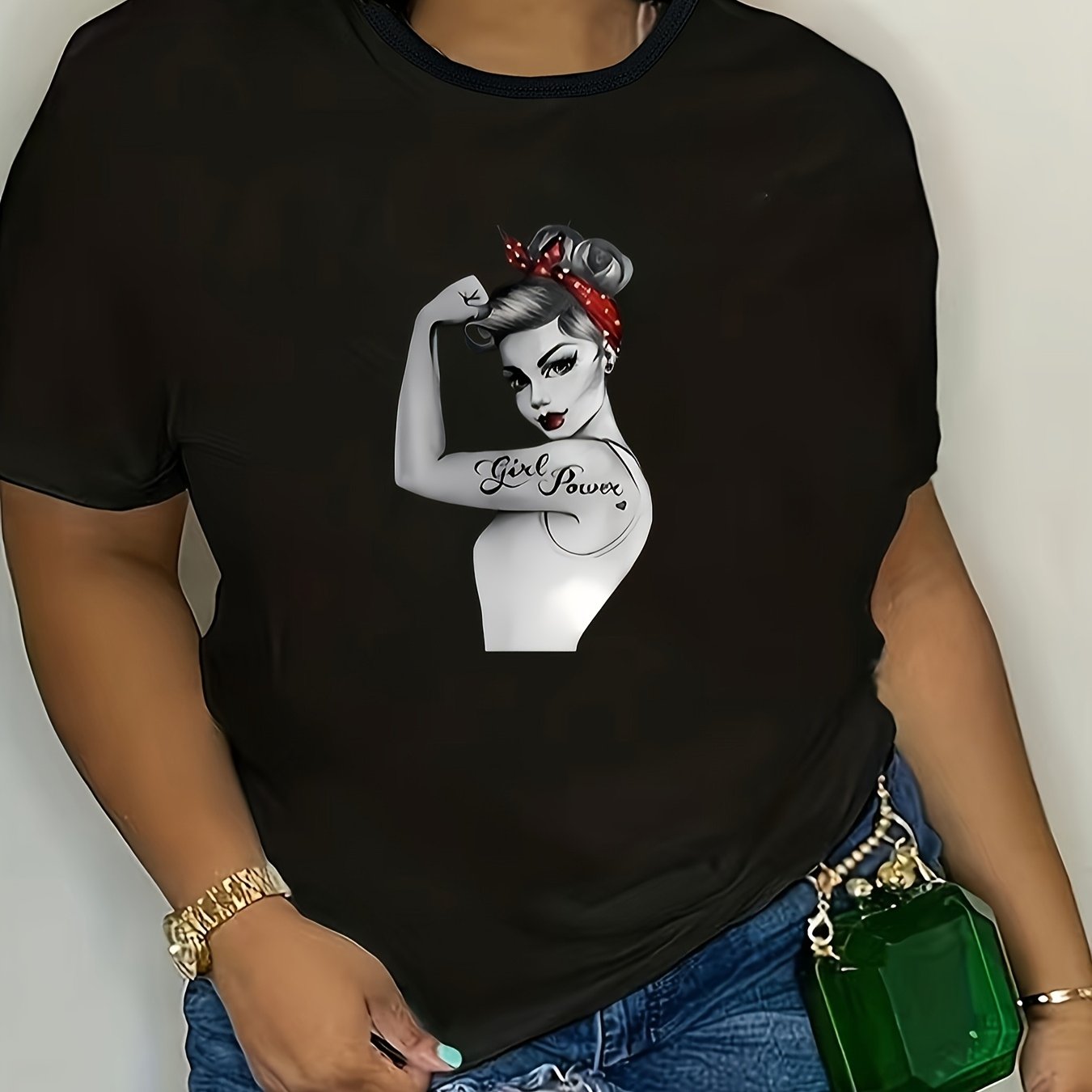Plus Size Women's Black T-Shirt with Power Graphic Short Sleeve Casual Tee