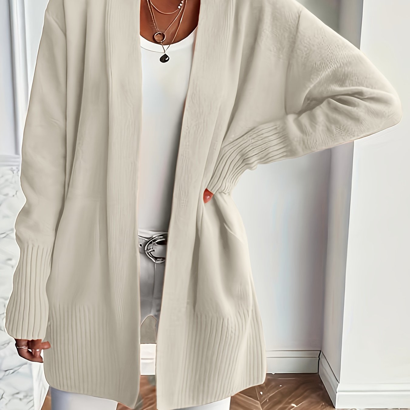 Women's Long Sleeve Knit Cardigan with Open Front and Pockets Fall Winter Solid Color Loose Fit
