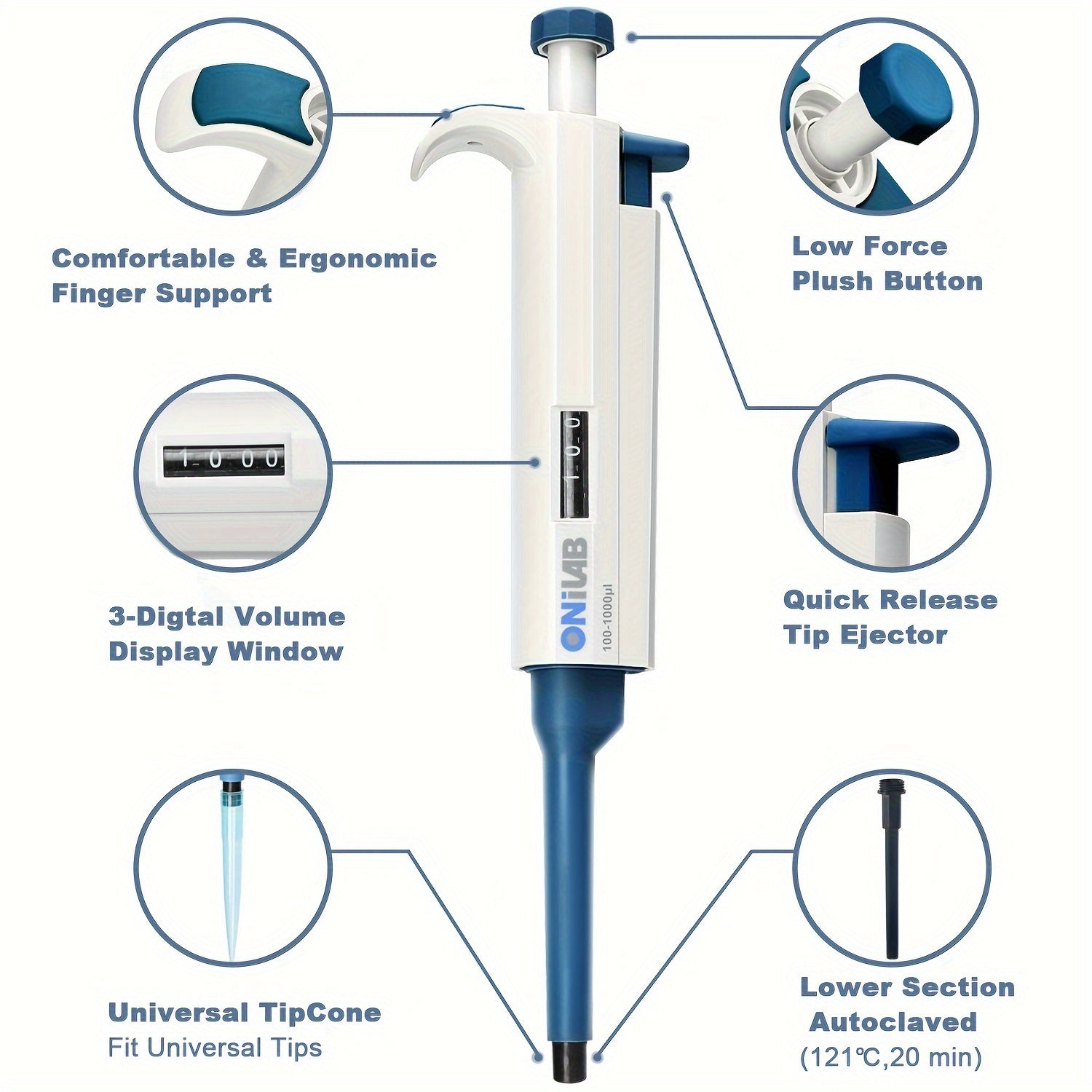 Adjustable High-Precision Micropipette 0.1ul-10ml Autoclavable Ergonomic Grip