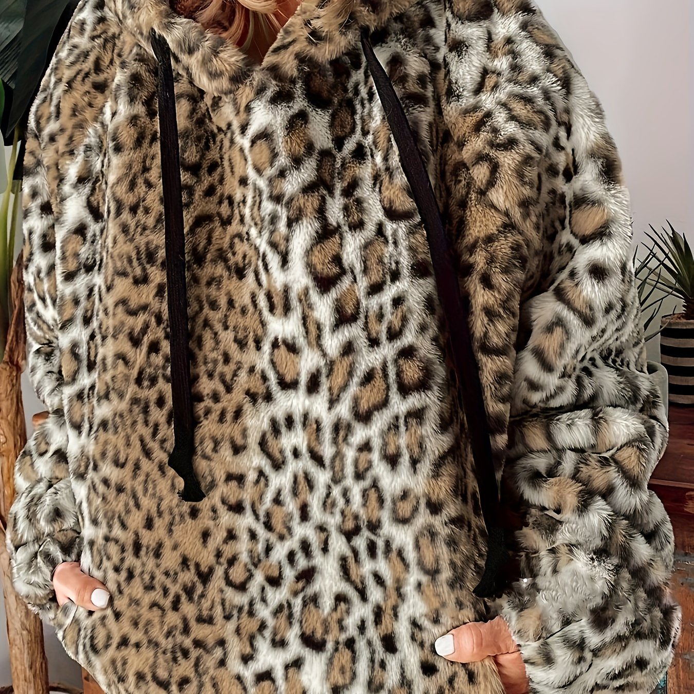 Plus o'lchamli mo'rt leopard bosma chiziqli kapşonli ayollar uchun kuz qish oddiy uzun qolli