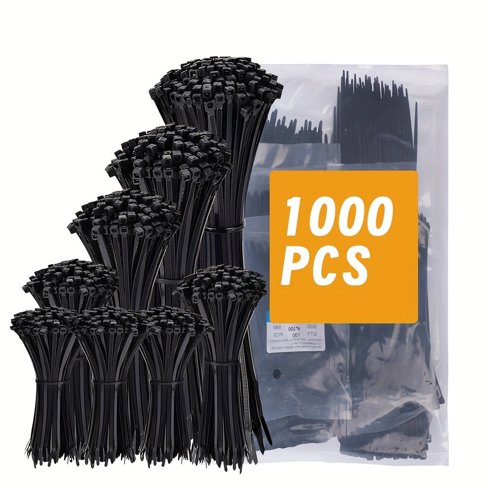 1000 Pack Black Nylon Cable Ties Assorted Sizes Water-Resistant UV-Resistant
