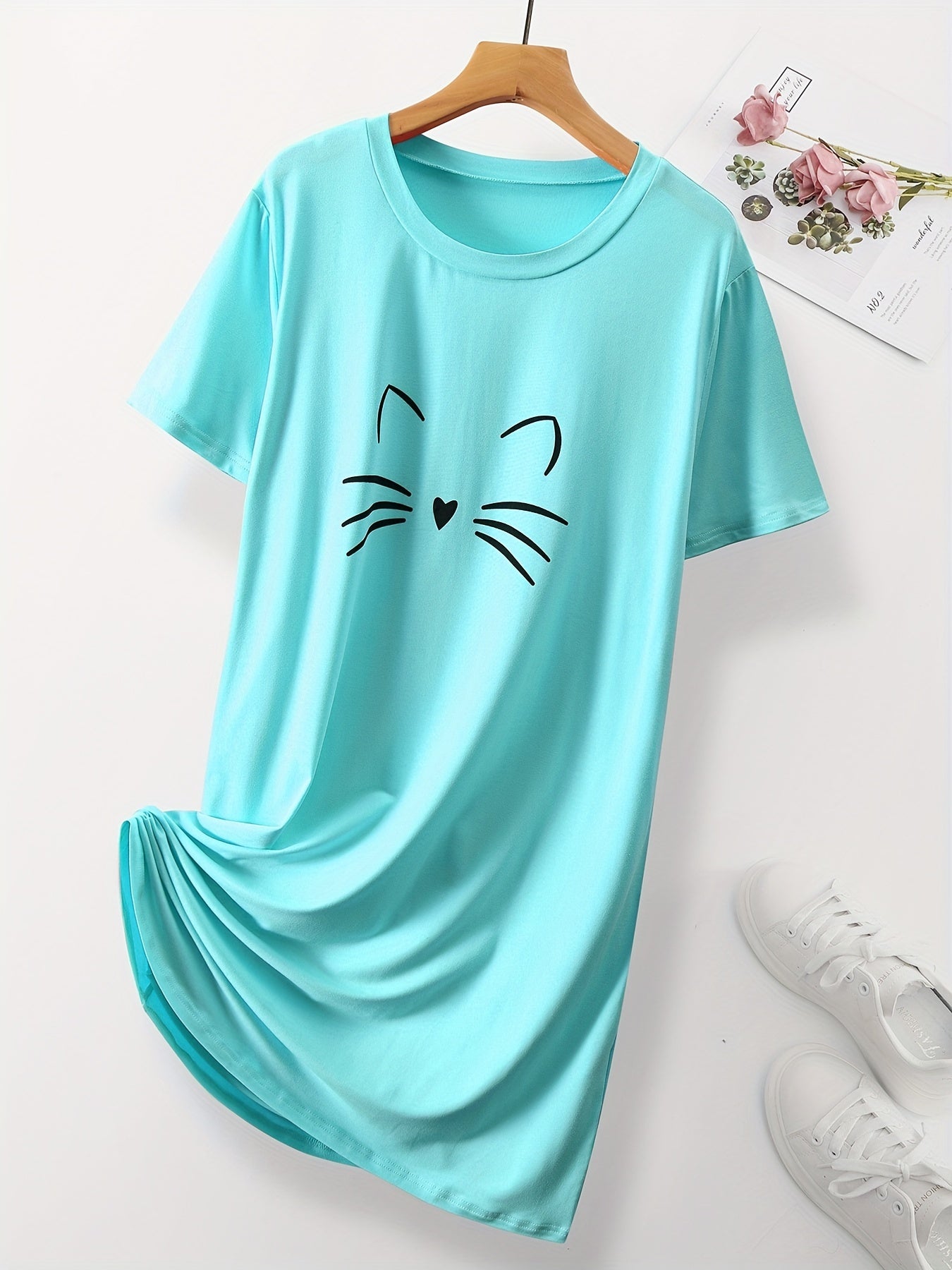 Women's Pink Cat Print Sleep Dress Short Sleeve Nightgown Lounge Wear