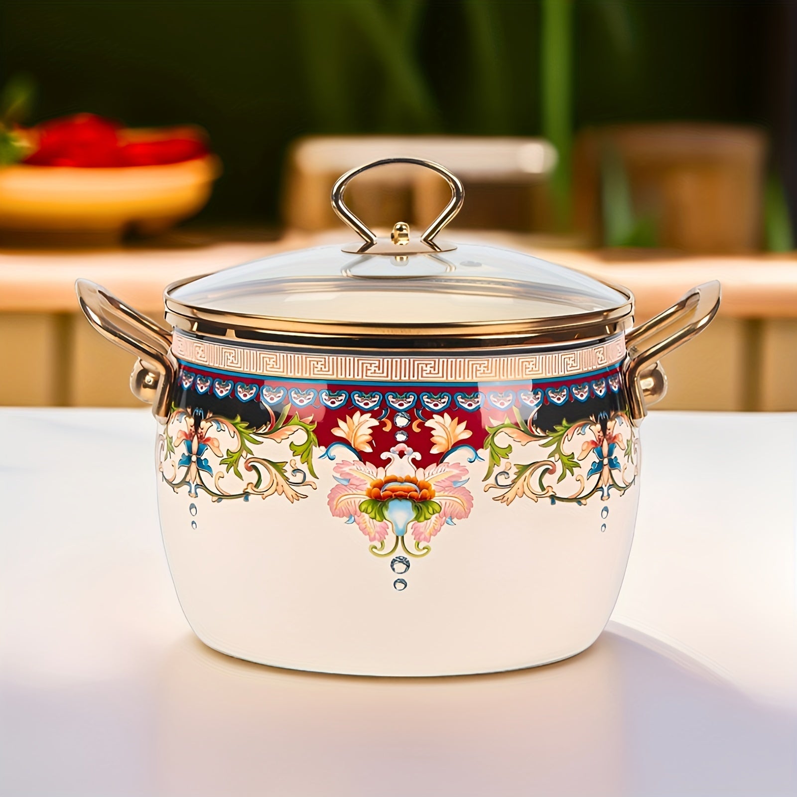 Non-Stick Enamel Saucepan with Glass Lid and Dual Handles Dishwasher Safe for Soup and Pasta