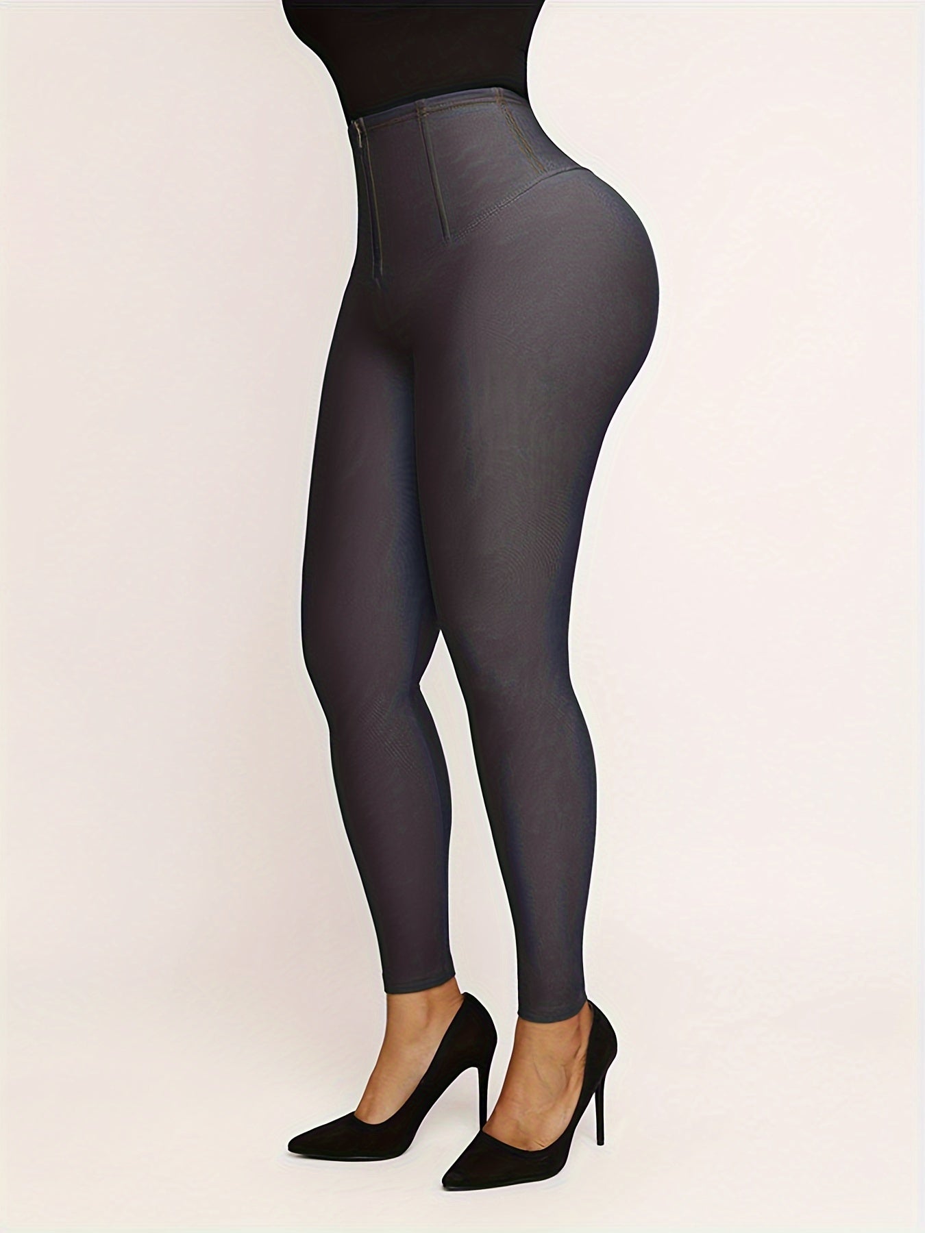 Women's Denim-Like Shaping Leggings with Tummy Control and Front Zipper