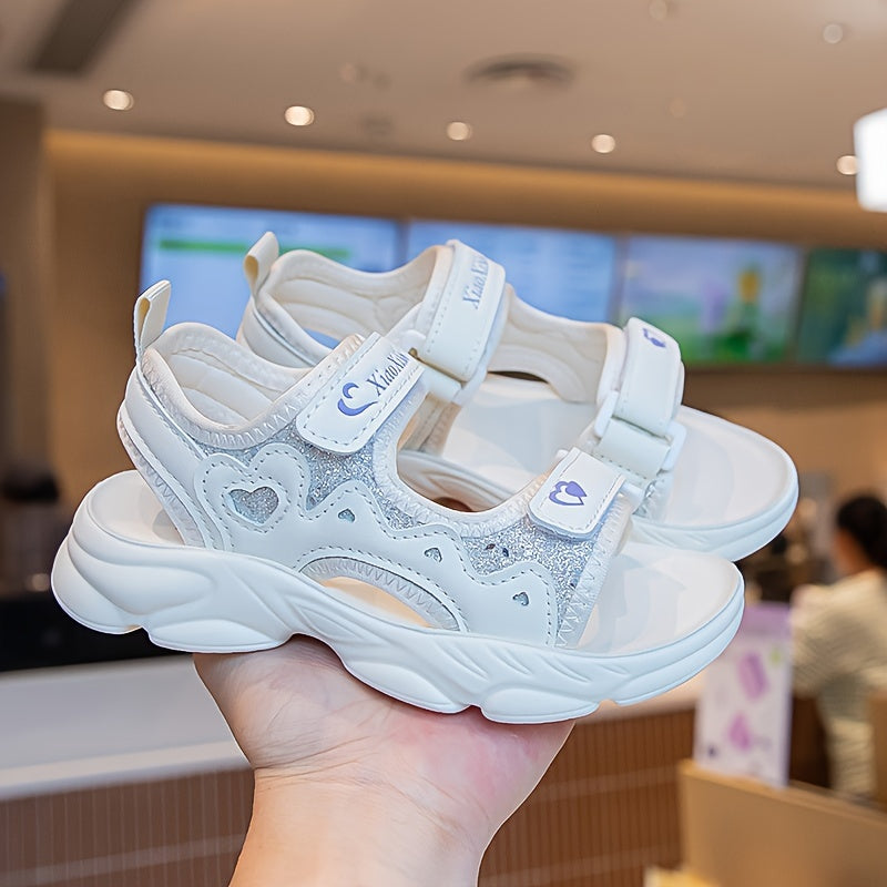 Girls Pink Glitter Sandals with Hearts and Sequin, Adjustable Straps, Soft Sole