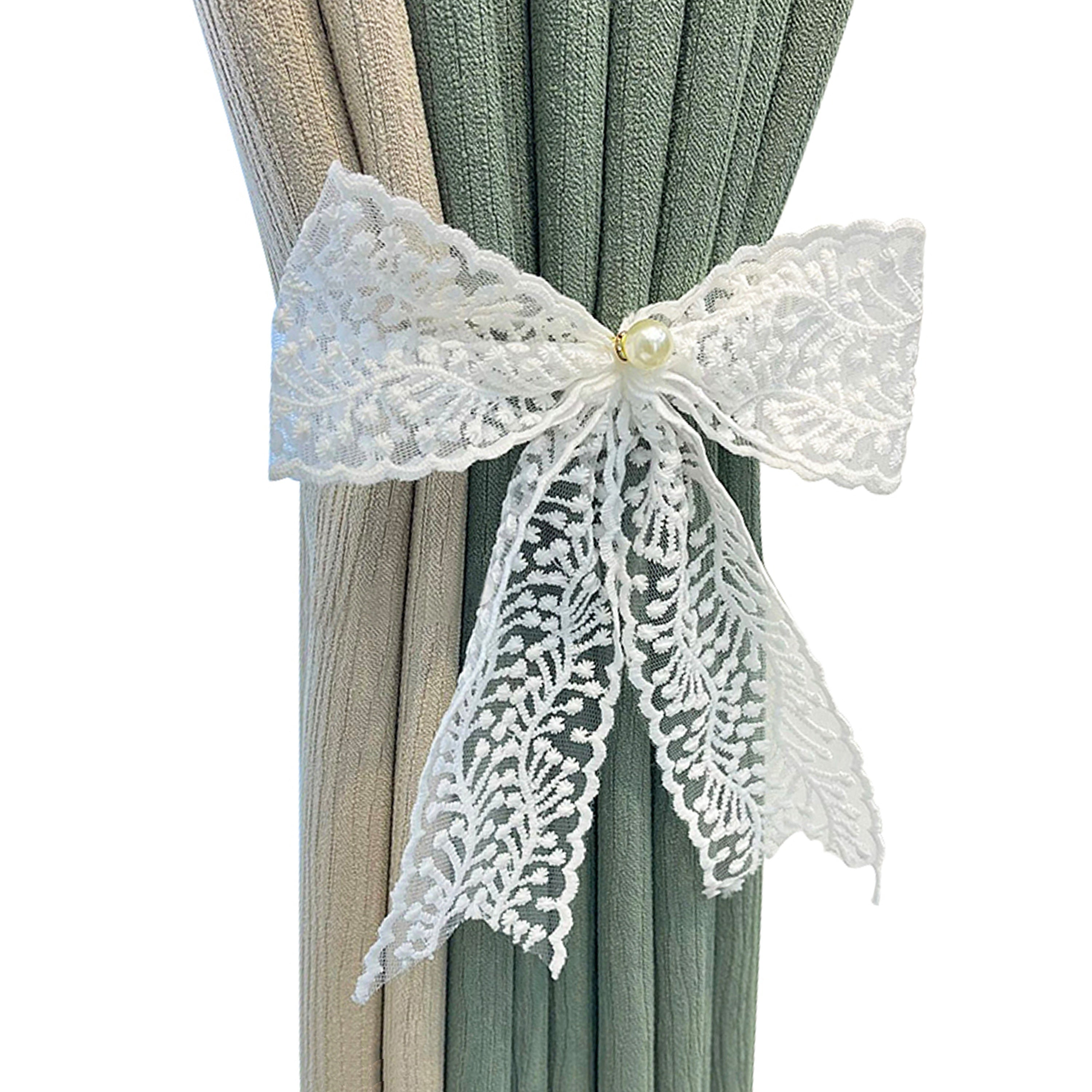 Set of 2 Lace Bow Curtain Tiebacks Adjustable Polyester Holdbacks for Heavy and Sheer Drapes