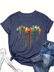 Plus Size Women's Casual T-Shirt Red Heart Footprint Oil Drip Soft Relaxed Fit