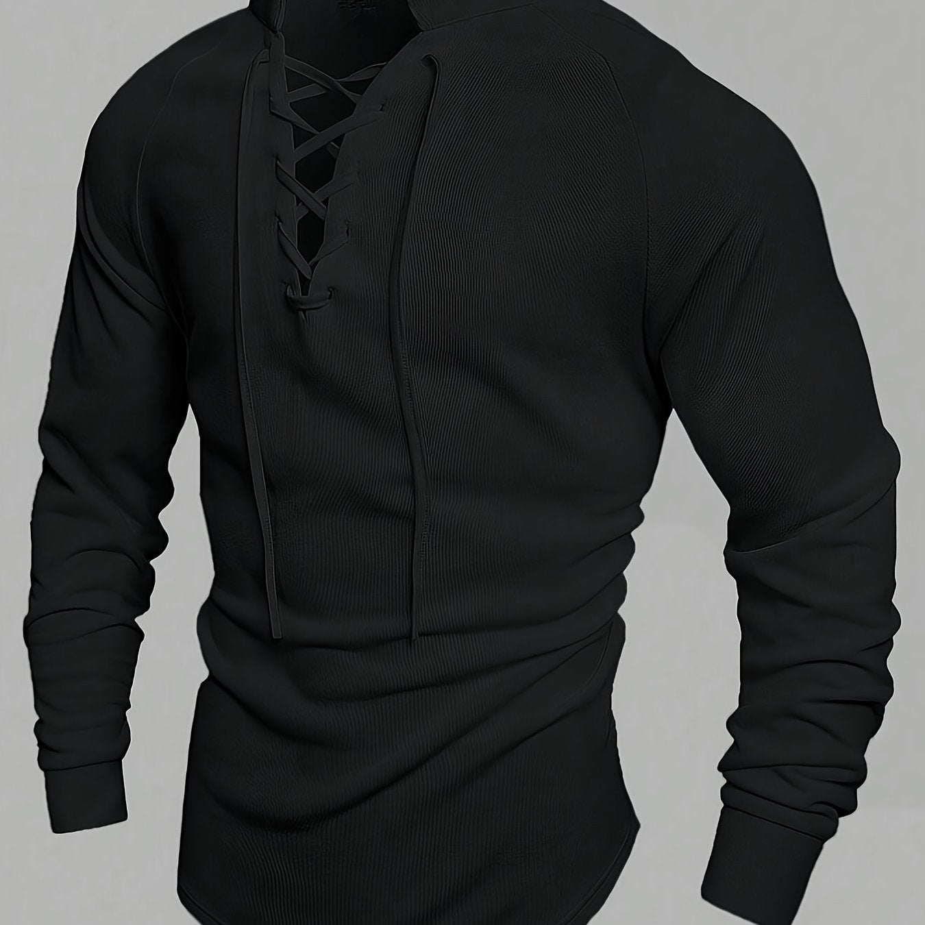 Camiseta de manga larga casual para hombre con cuello alto y cordón, mezcla de poliéster, color sólido, corte regular, primavera y otoño