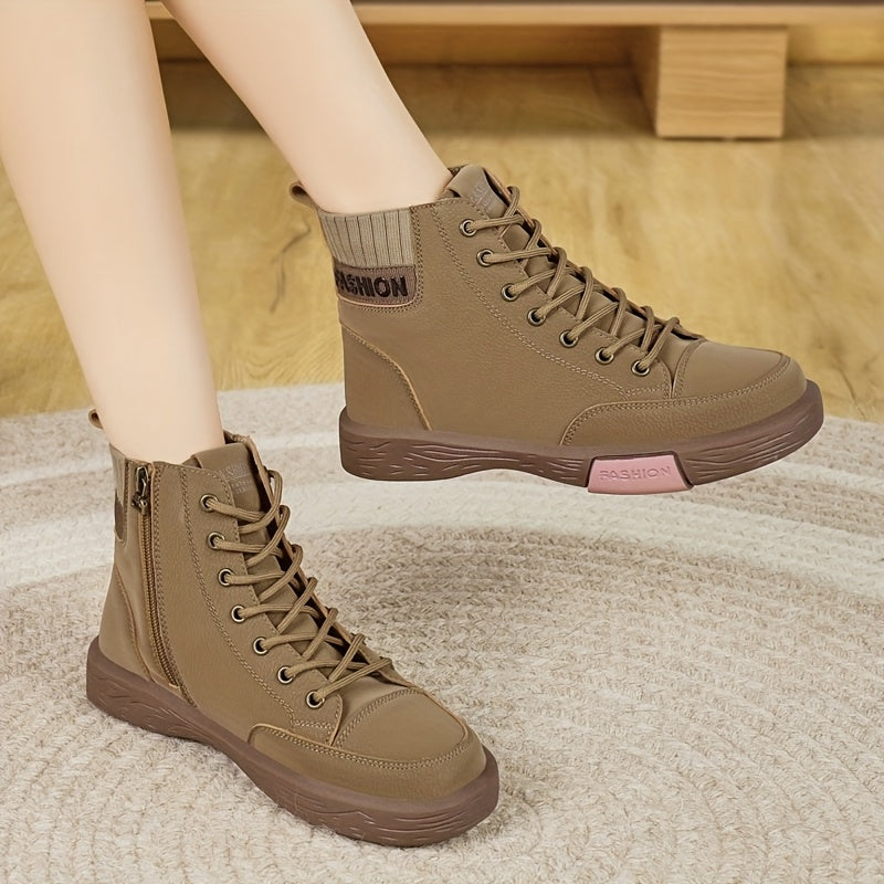 Women's Brown Faux Leather Lace-Up Boots Non-Slip Casual Formal