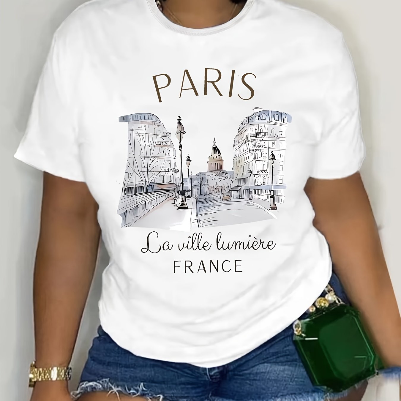 Women's Plus Size Paris Cityscape Graphic T-Shirt Soft Stretchy Fabric Casual Top