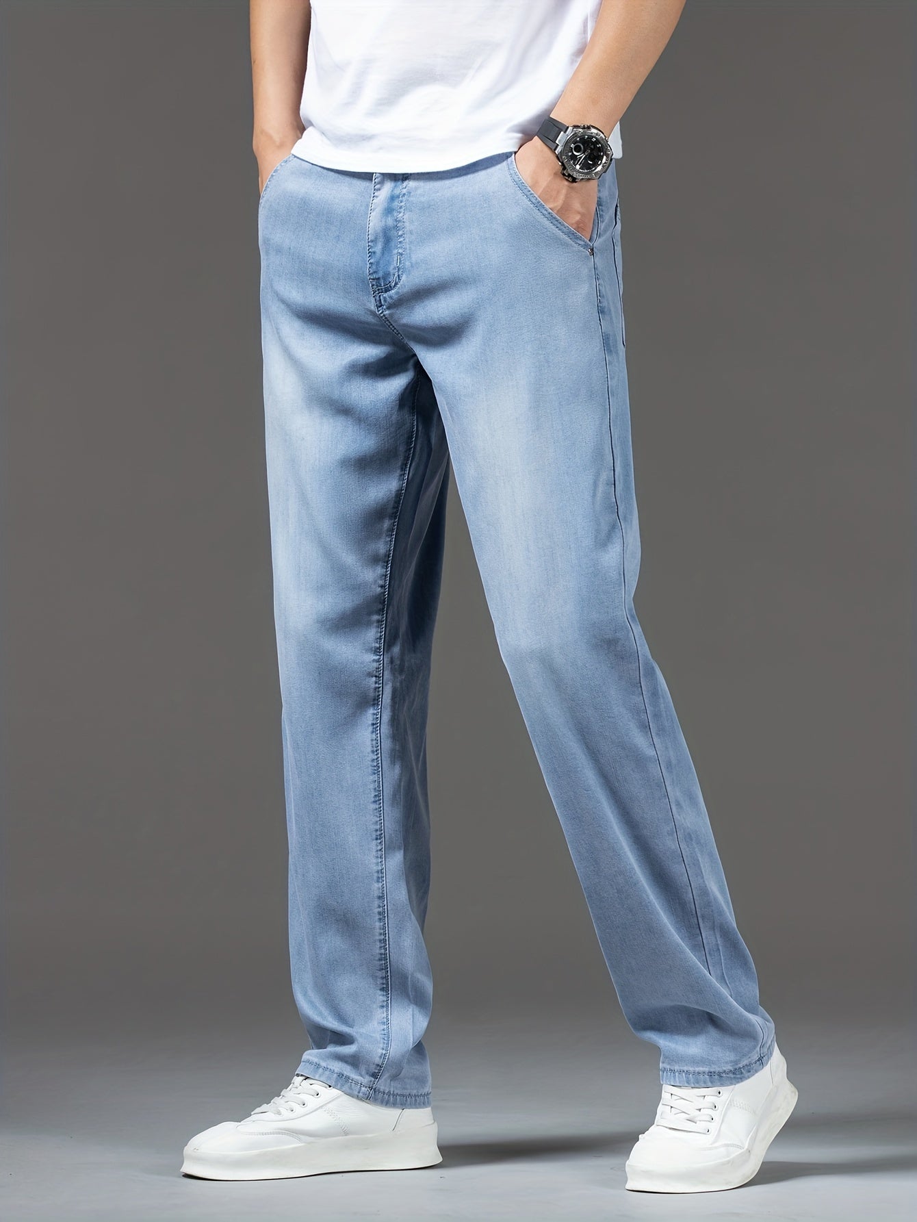 Men's Light Blue Straight Leg Denim Jeans with Lyocell Blend for Summer Casual