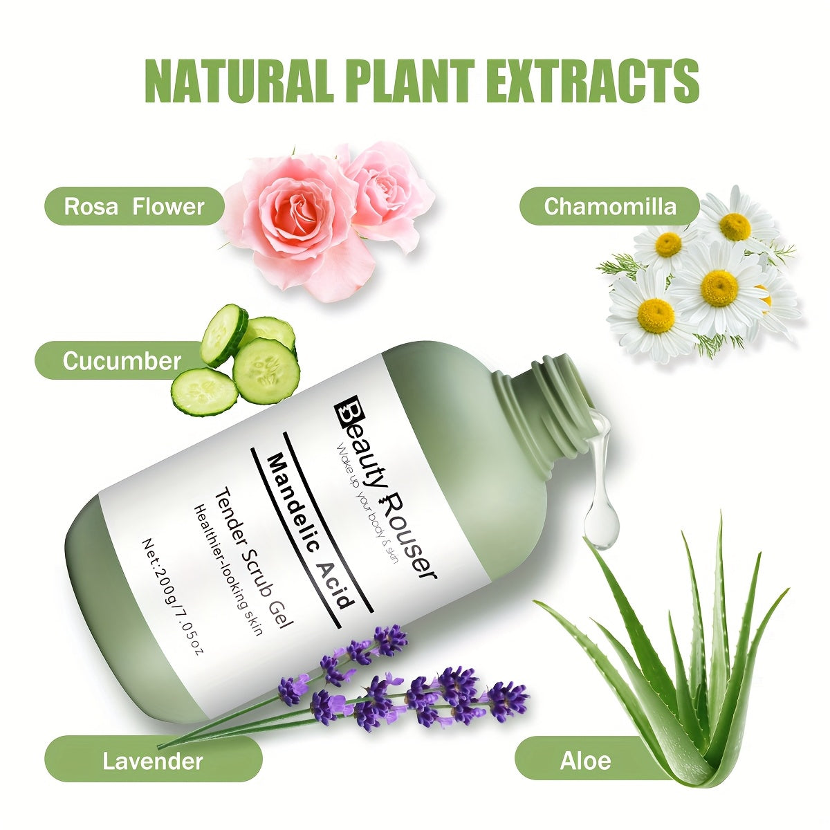 Mandelik kislota tozalovchi geli aloe va atirgul ekstrakti bilan - yumshoq, namlantiruvchi yuz va tanani skrab, chuqur po'lat tozalash, terini to'sib qo'yadi, alkogolsiz, barcha teri turlari uchun mos.