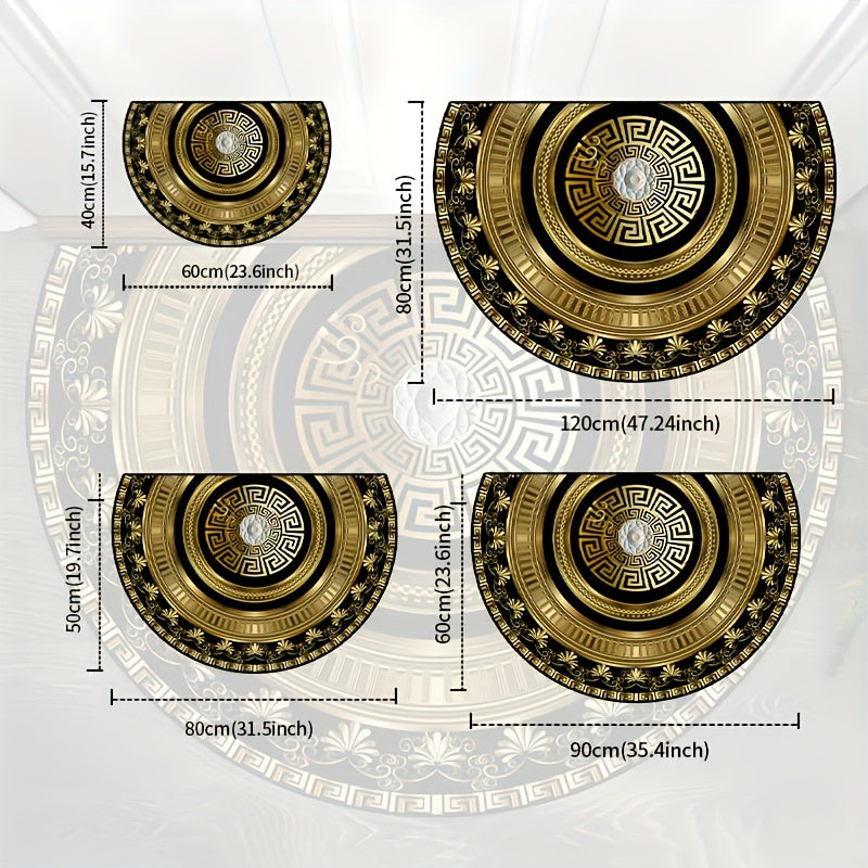 Semi-Circular Black and Gold Floral Rug Non-Slip Indoor Outdoor Polyester