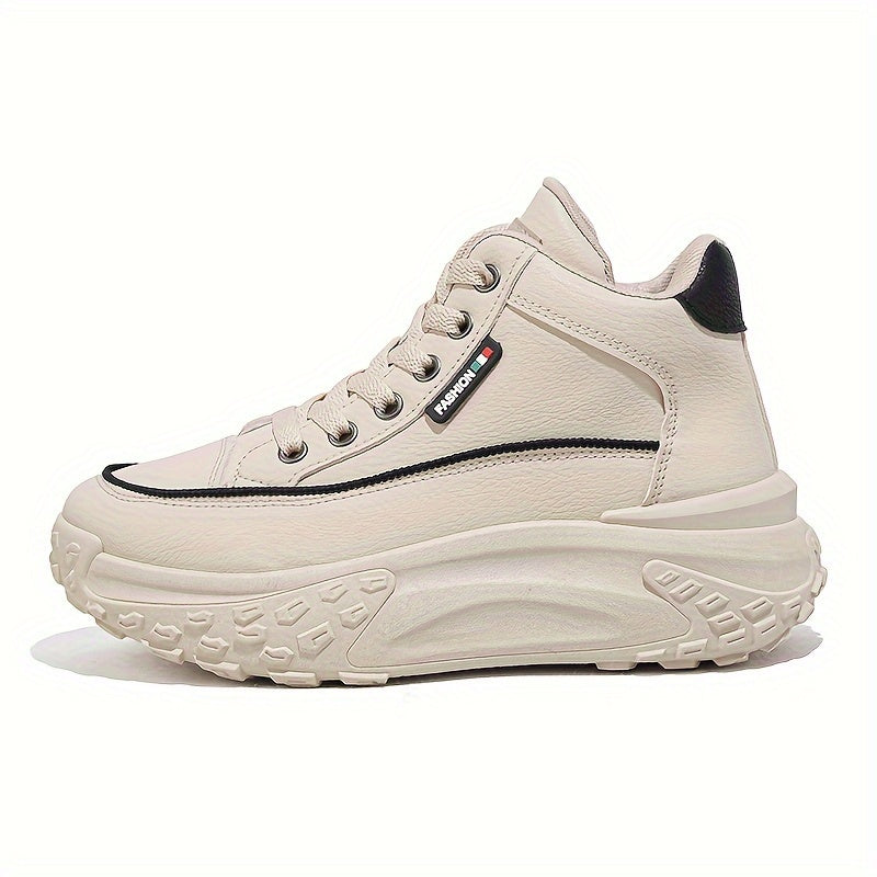 Women's White Breathable Lace-Up High-Top Sneakers for Running and Fitness