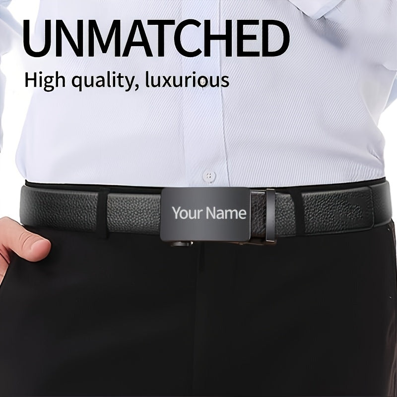 Men's Leather Belt with Customizable Nameplate Stylish Durable Alloy Buckle