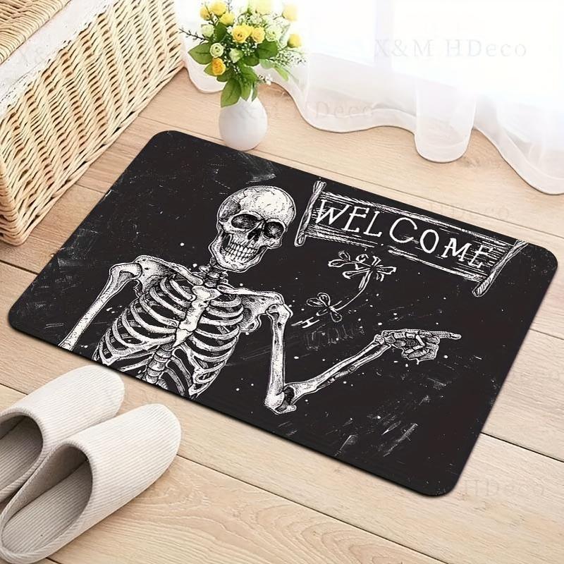 Skeleton Welcome Doormat Indoor Polyester Flannel Rectangle Entryway Mat