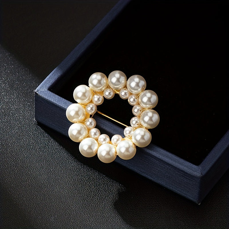 Women's Double Round Glass Pearl Brooch in 18K Gold Plating Elegant Jewelry