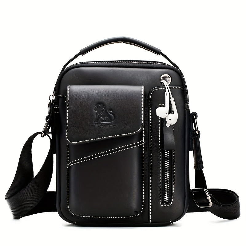 Men's Genuine Leather Crossbody Bag with Multi-Compartment Zipper Dark Brown