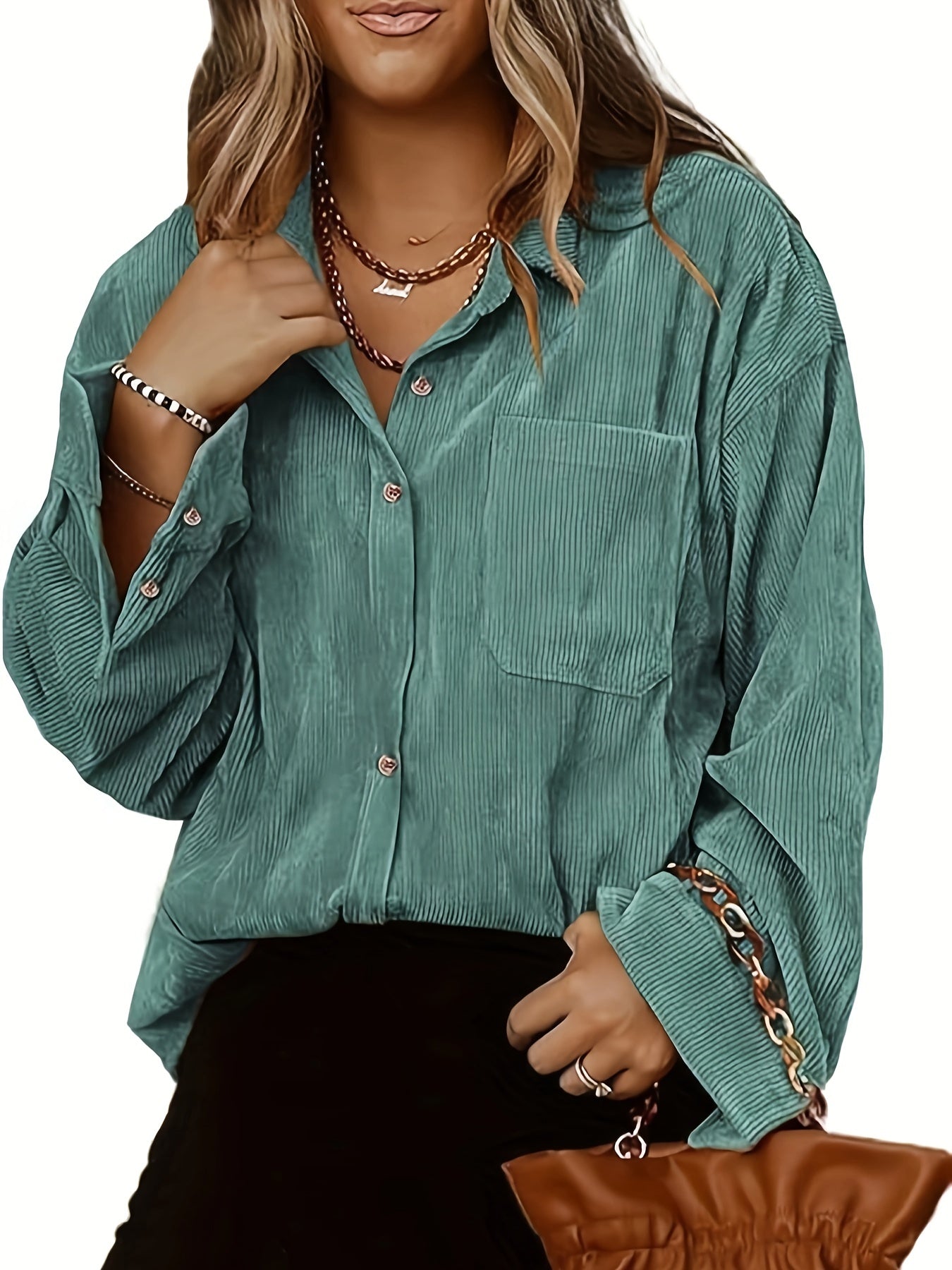Ayollar uchun korduroy kofta uzun sleeve, kundalik, tugma bilan yopiladigan bluz